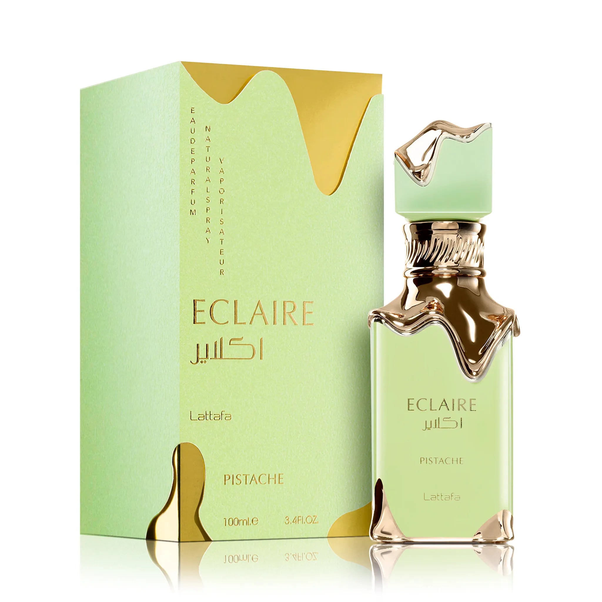 Frasco y caja de Eclaire Pistache Lattafa Eau de Parfum Unisex
