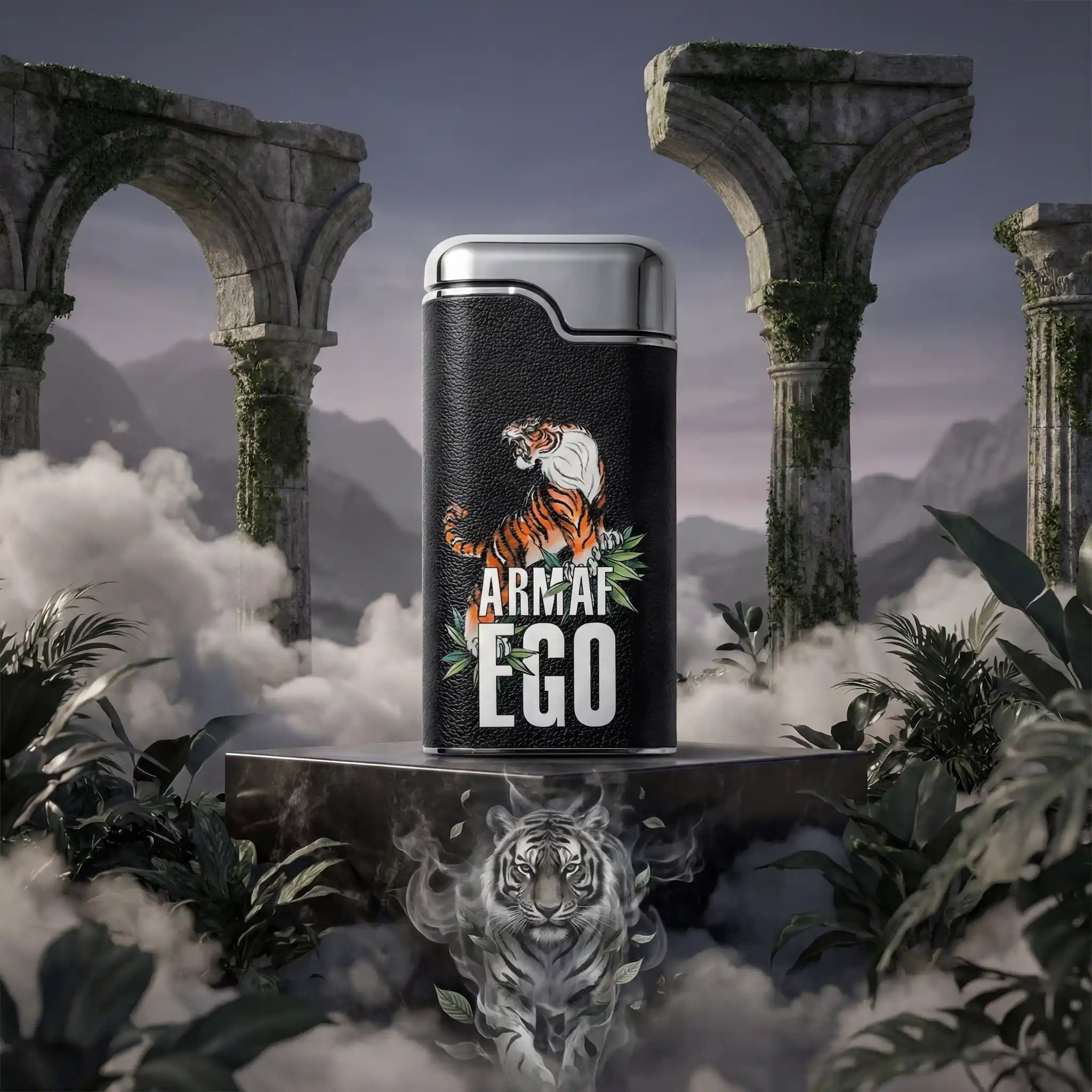 Ego Tigre Armaf Eau de Parfum Para Hombre con fondo creativo de tigre