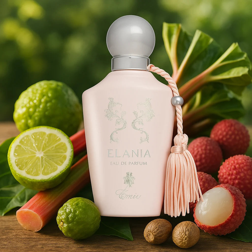 Elania Emir Eau de Parfum Para Mujer con fondo de frutas