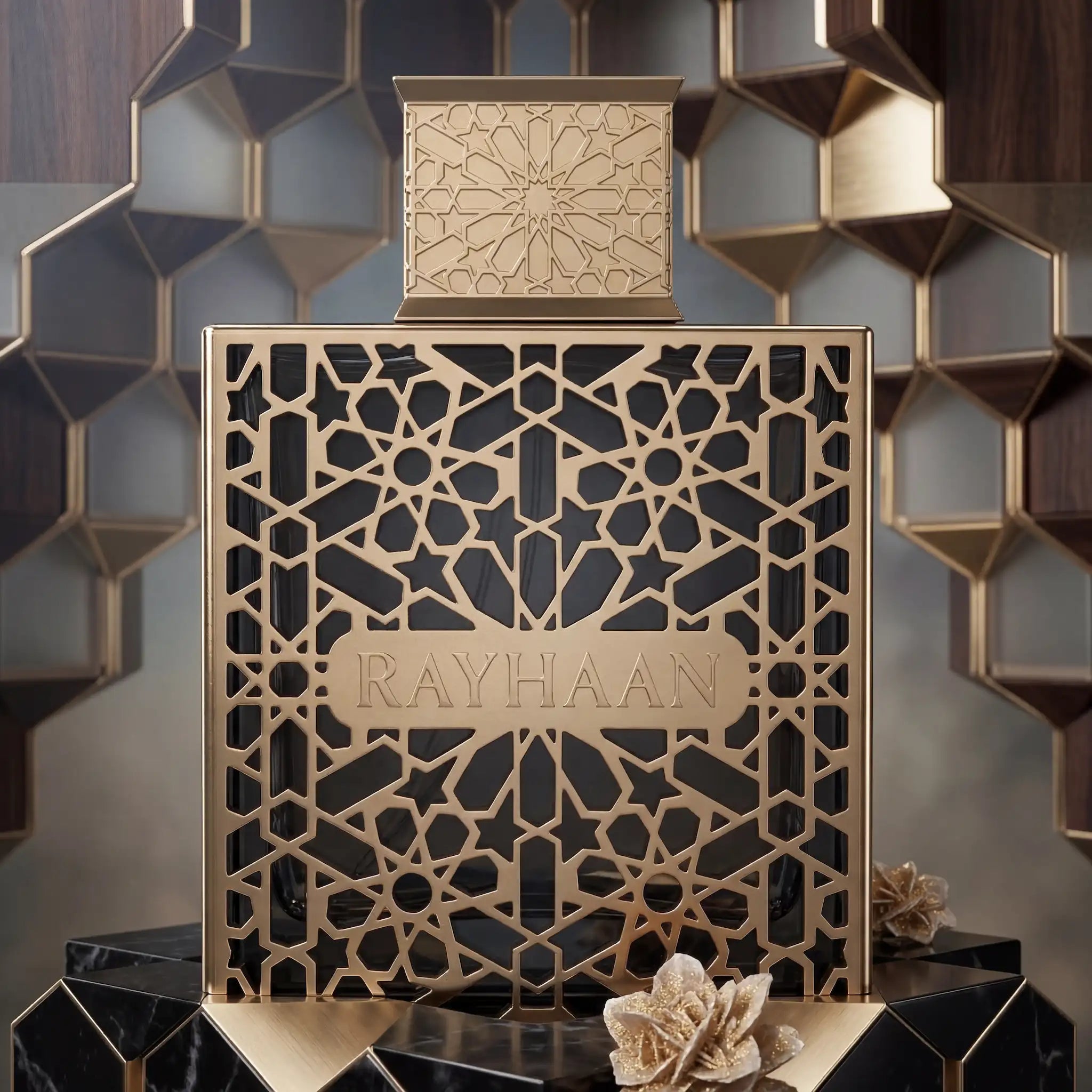 Elixir Rayhaan Eau de Parfum Para Hombre con fondo dorado