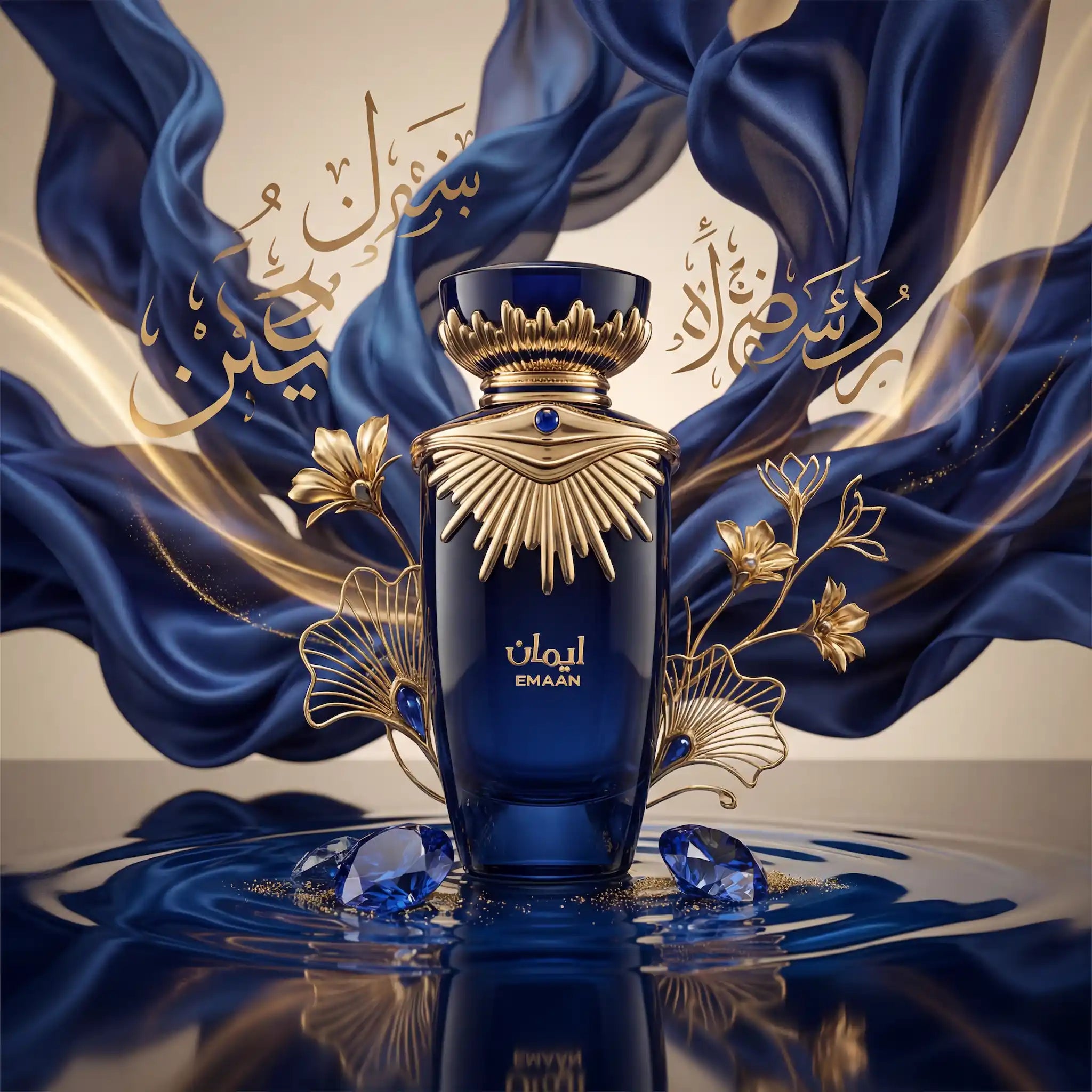 Emaan Lattafa Eau de Parfum Para Mujer con fondo creativo de flores y gemas