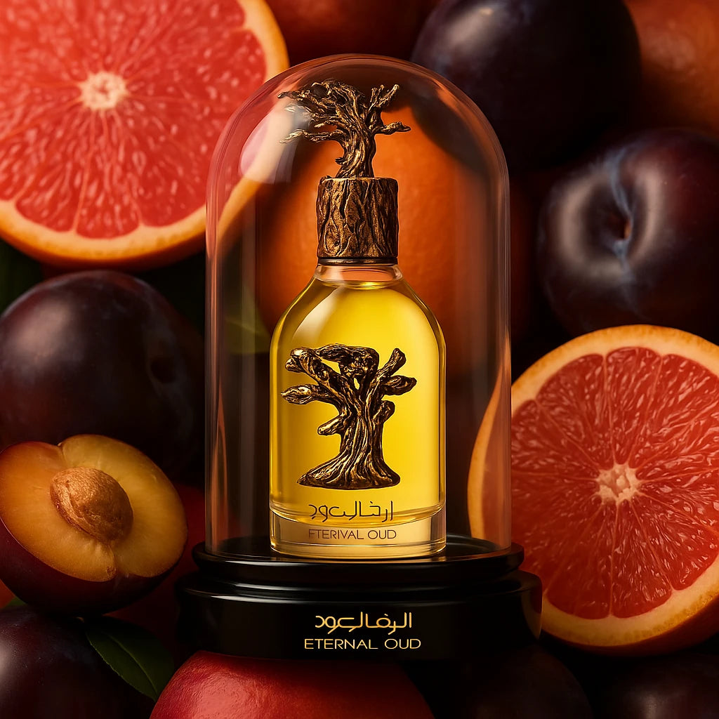 Eternal Oud Lattafa Eau de Parfum Unisex con fondo de frutas
