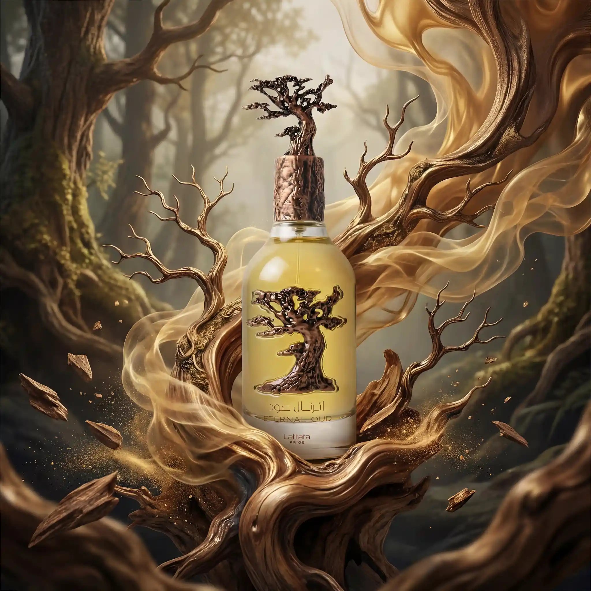 Eternal Oud Lattafa Eau de Parfum Unisex con fondo creativo con arboles