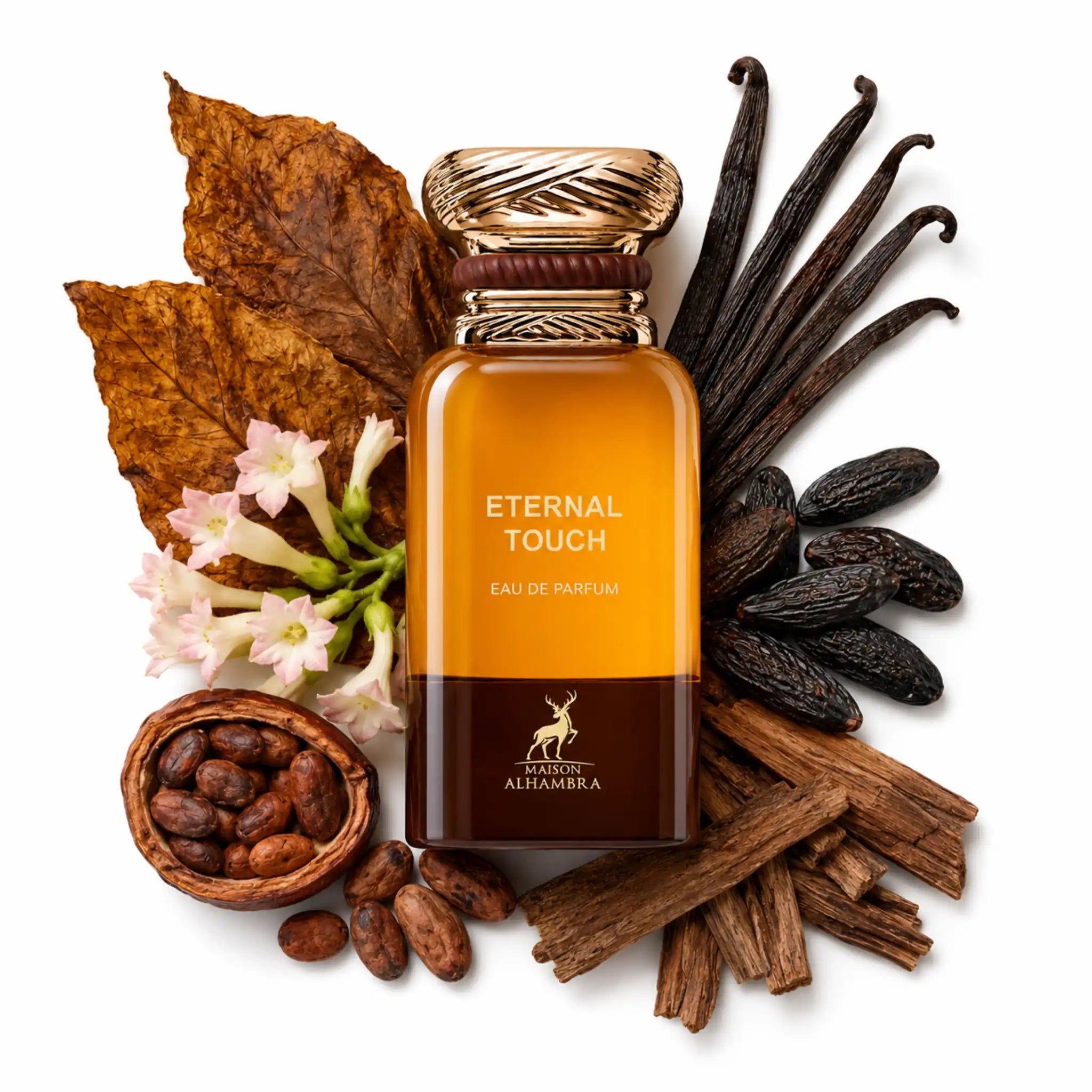 Eternal_Touch_Maison_Alhambra_Eau_de_Parfum_Hombre_Fondo_Blanco_Tabaco_Cacao_Haba_Flor