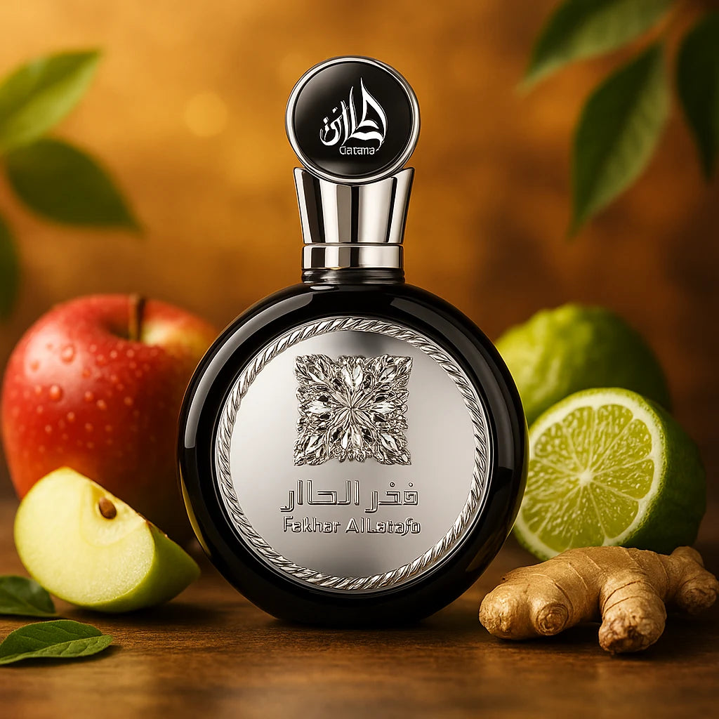 Fakhar Black Lattafa Eau de Parfum Para Hombre con fondo de manzana y lima