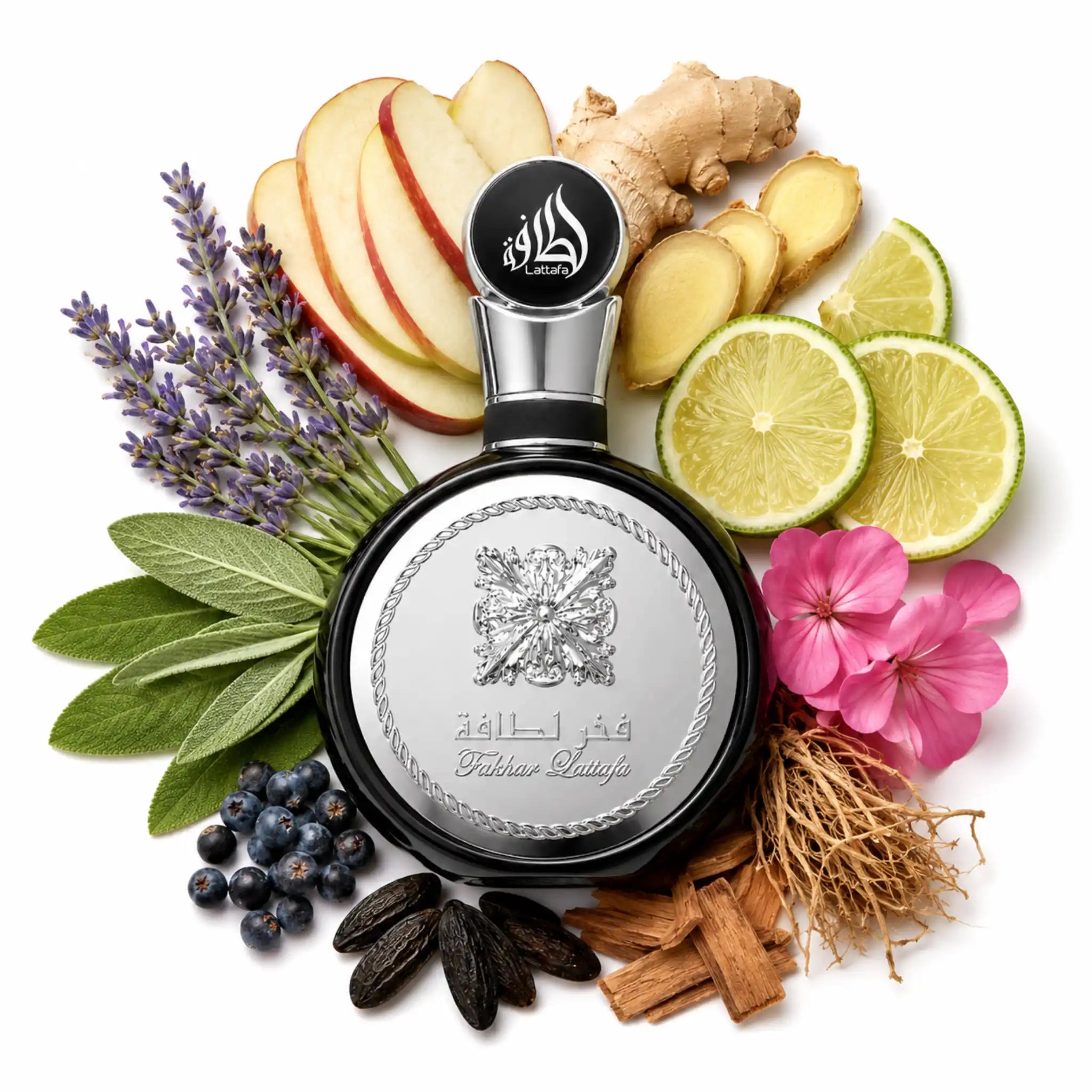 Fakhar Black Lattafa Eau de Parfum Para Hombre con fondo de ingredientes