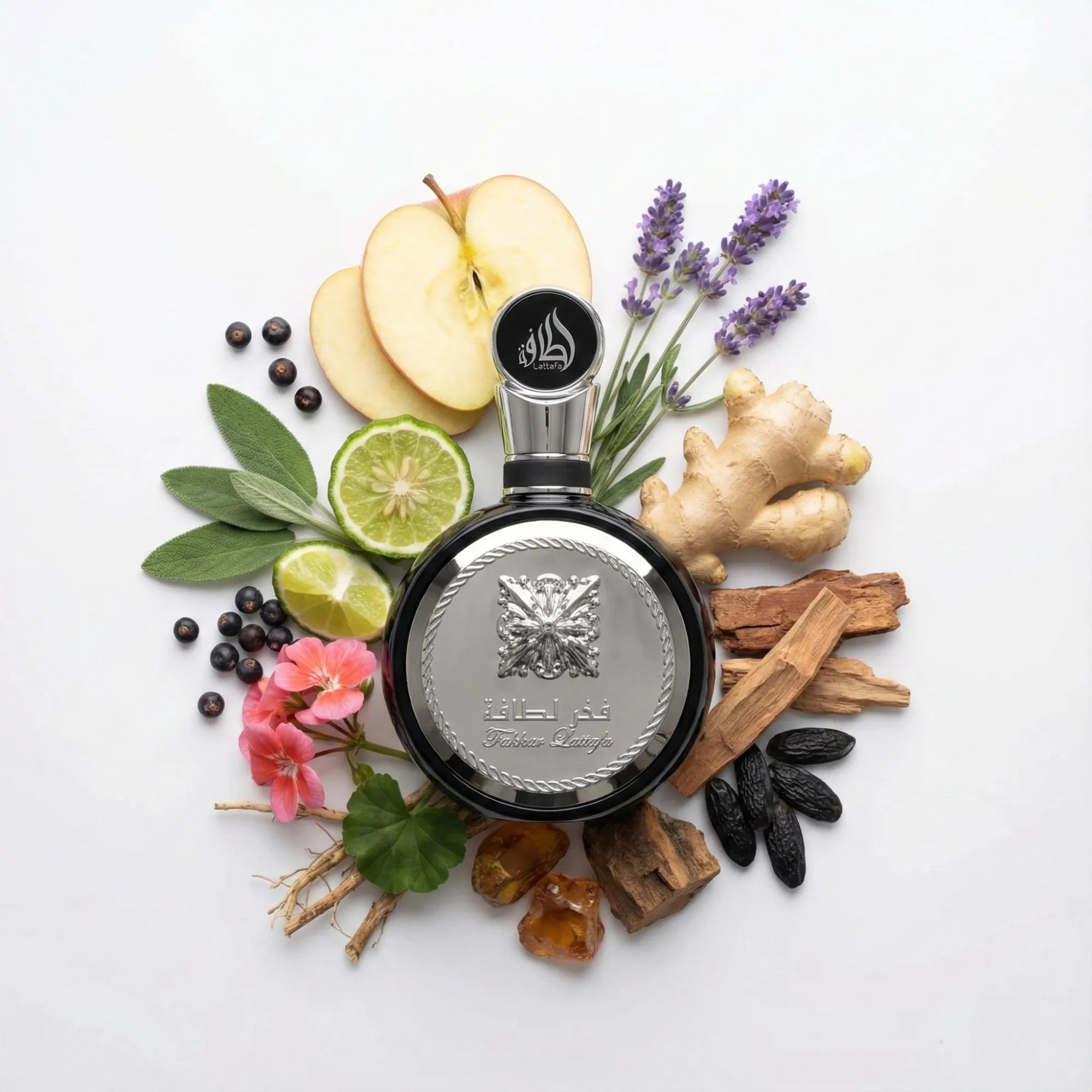 Fakhar Black Lattafa Eau de Parfum Para Hombre con fondo de ingredientes
