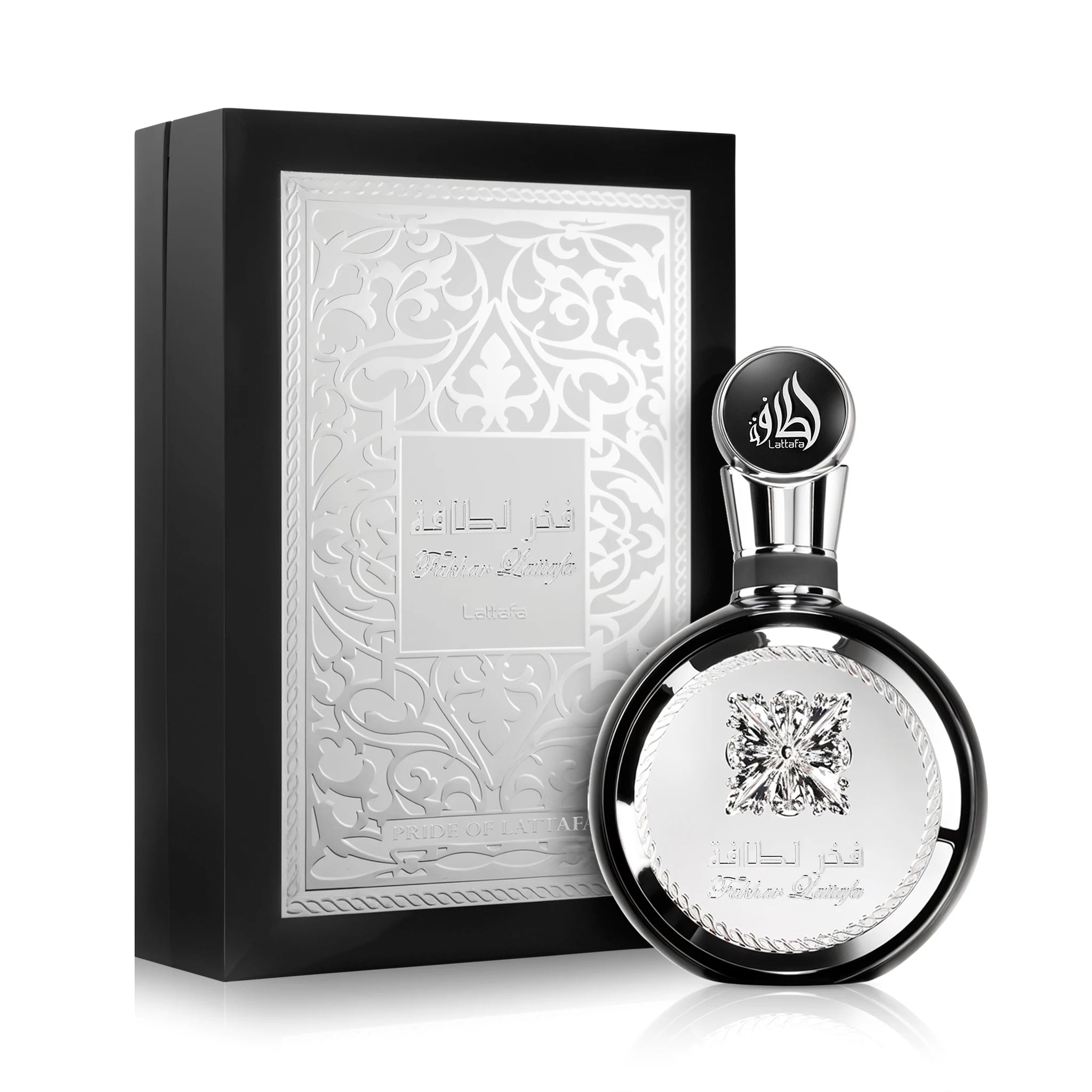 Foto frontal del Fakhar Black Lattafa Eau de Parfum Para Hombre fondo blanco con su caja