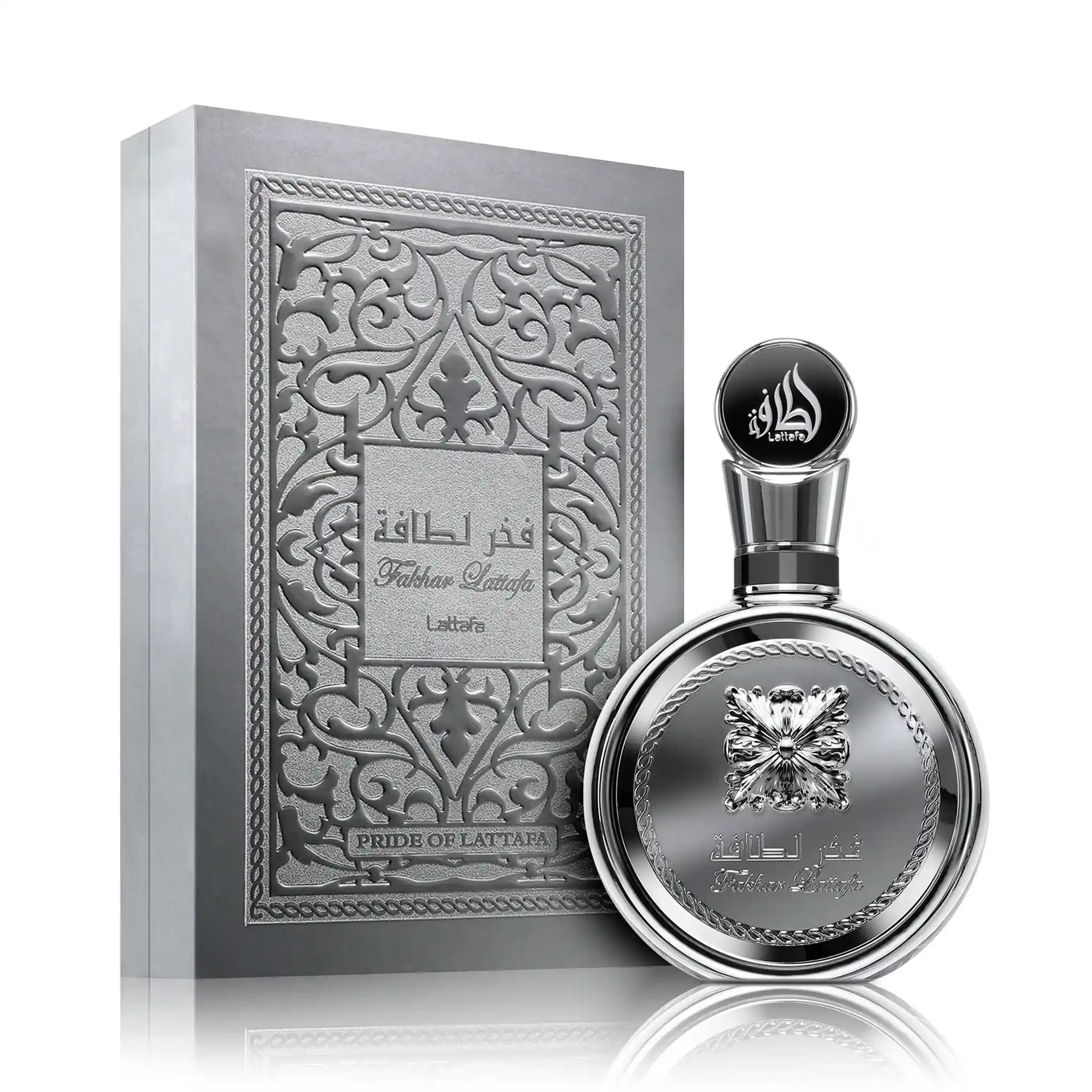 Frasco y caja de Fakhar Platin Lattafa Eau de Parfum Para Hombre