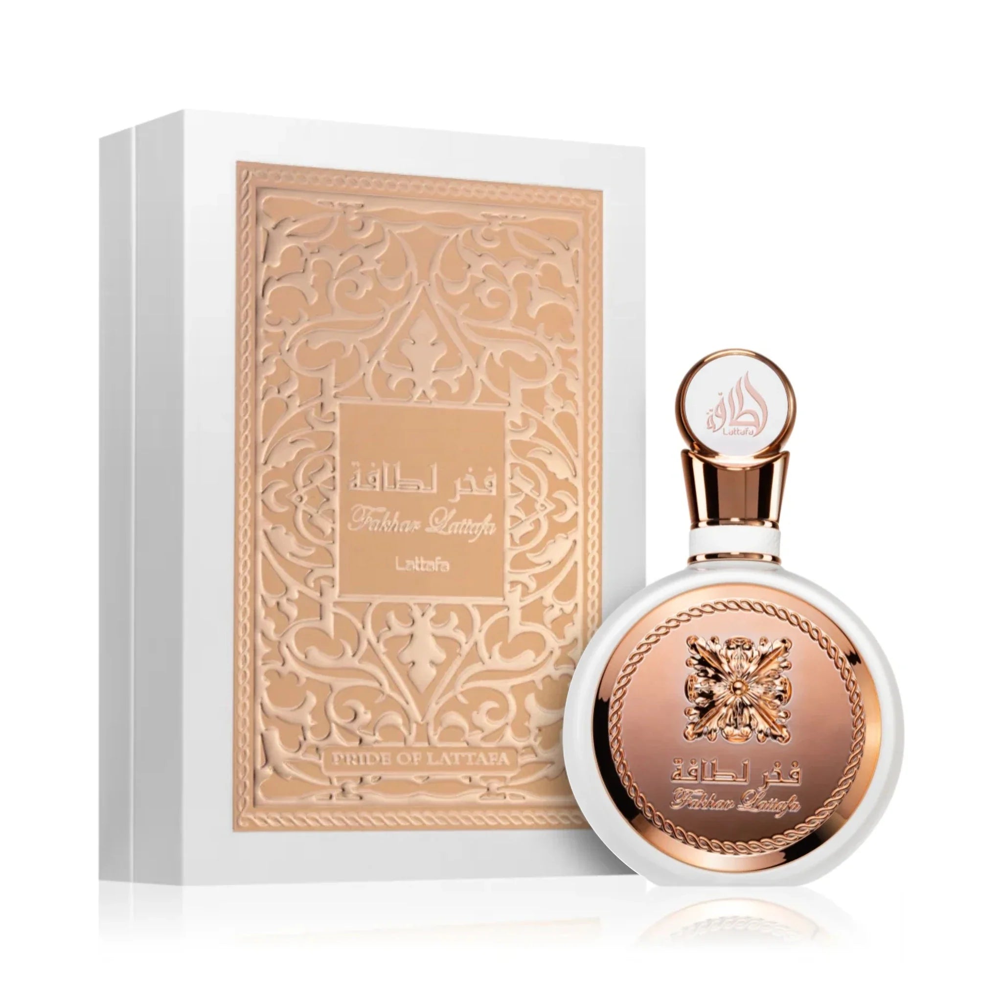 Frasco y caja del Fakhar Rose Lattafa Eau de Parfum Para Mujer
