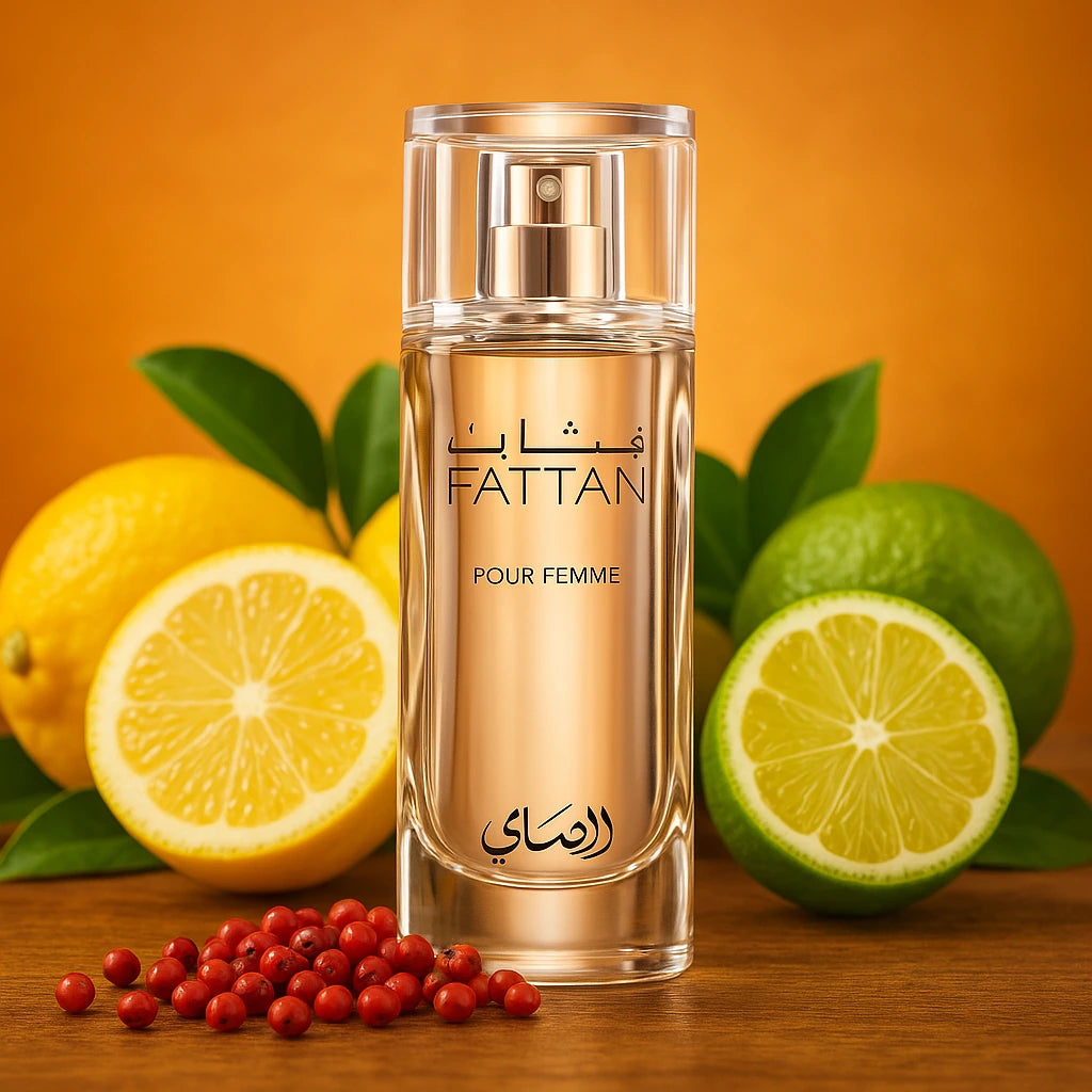 Fattan Pour Femme Rasasi Eau de Parfum Para Mujer con fondo de lima y limón