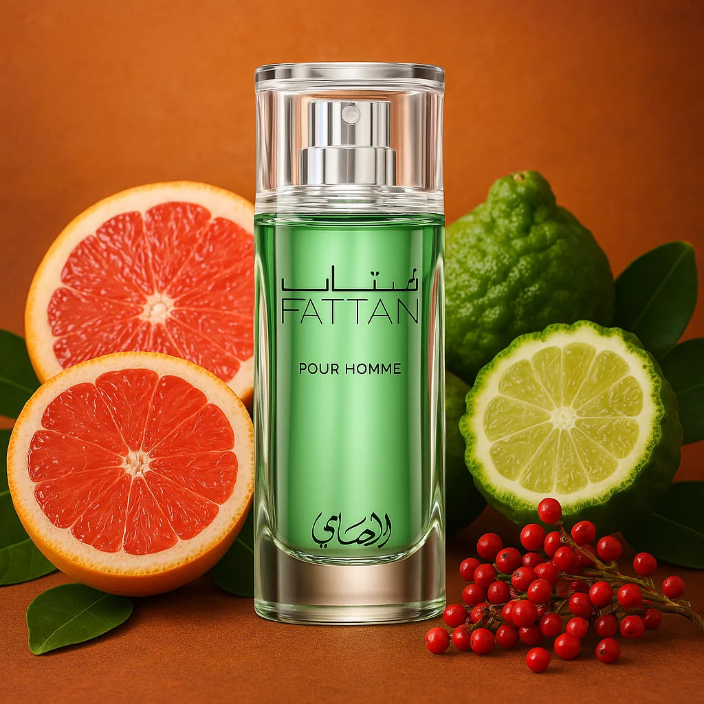 Fattan Pour Homme Rasasi Eau de Parfum Para Hombre con fondo de frutas