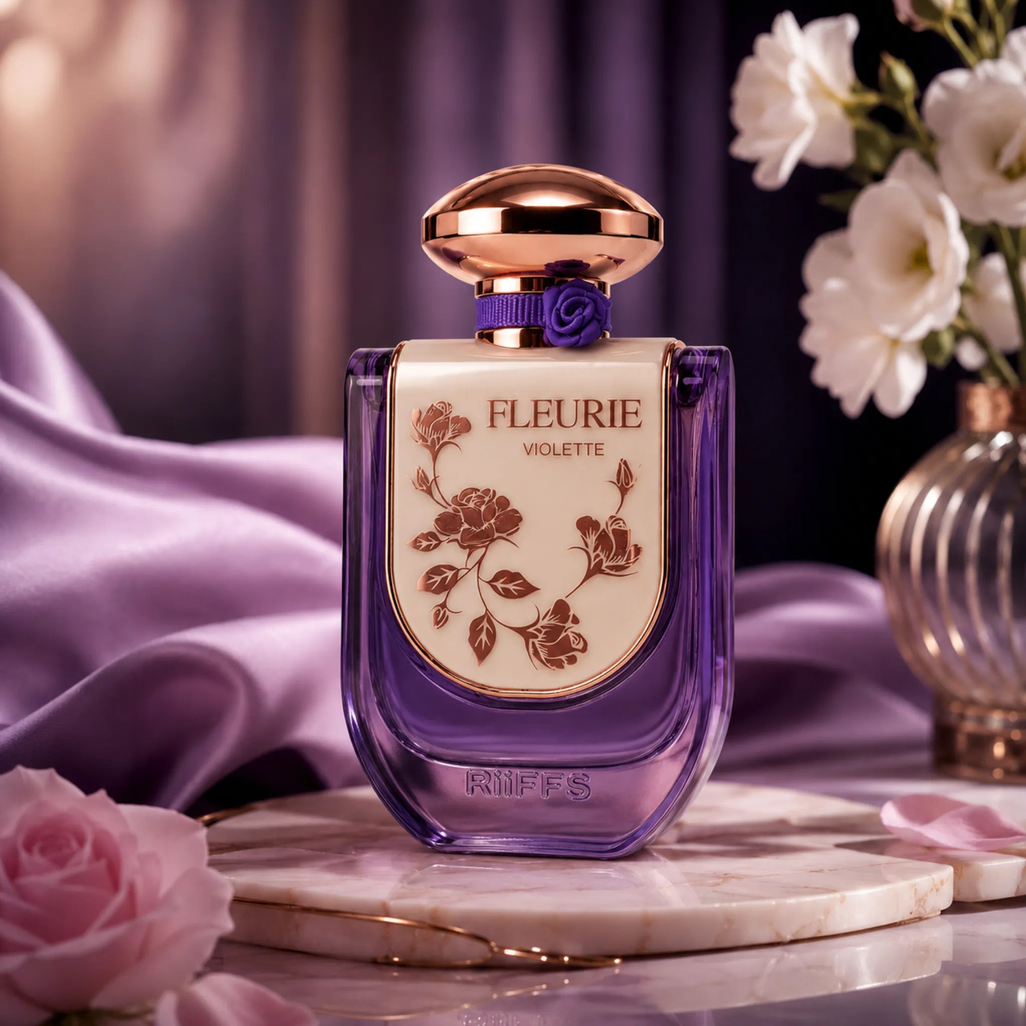 Fleurie Violette Riiffs Eau de Parfum con fondo de rosas