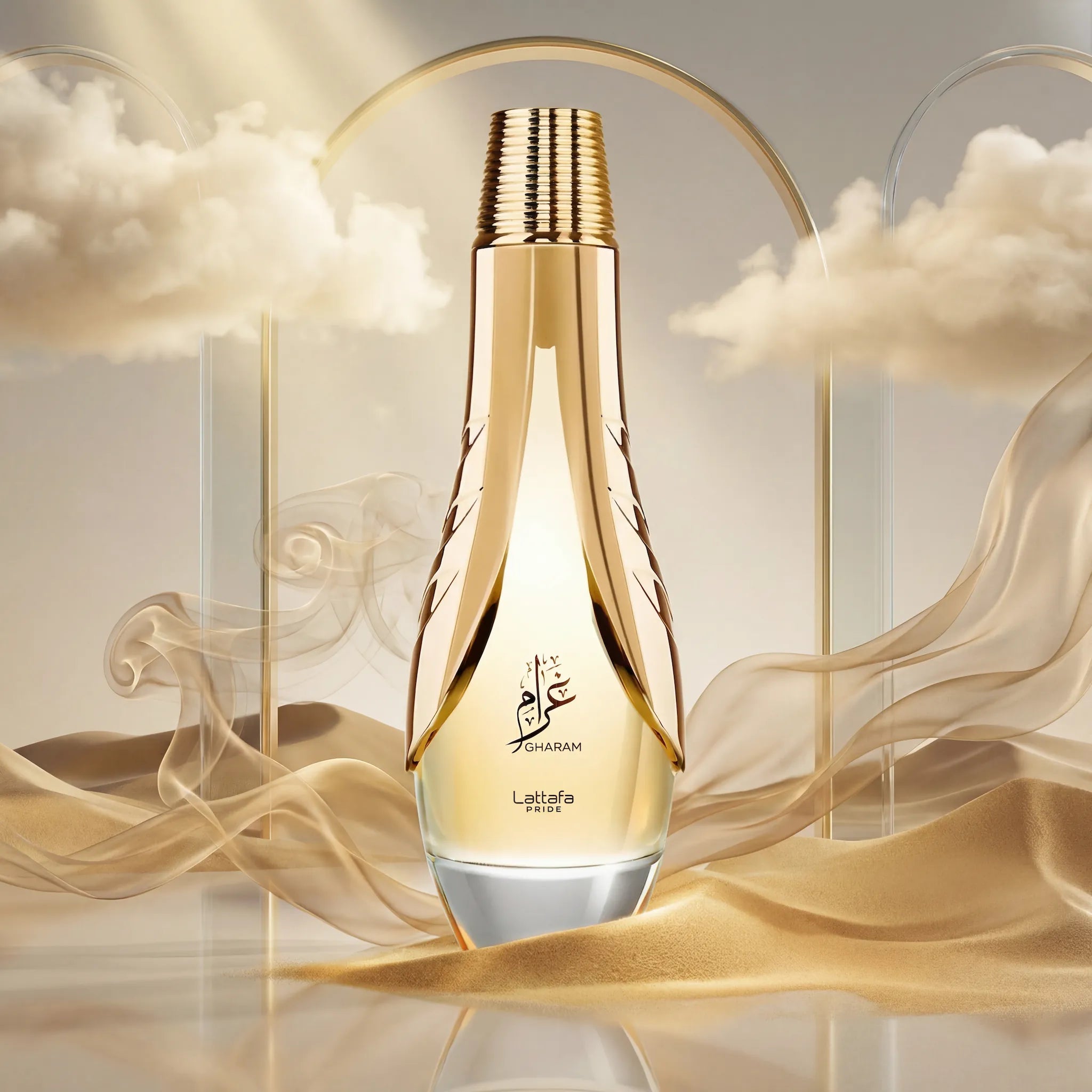 Gharam Lattafa Eau de Parfum Para Mujer con fondo creativo de cielo