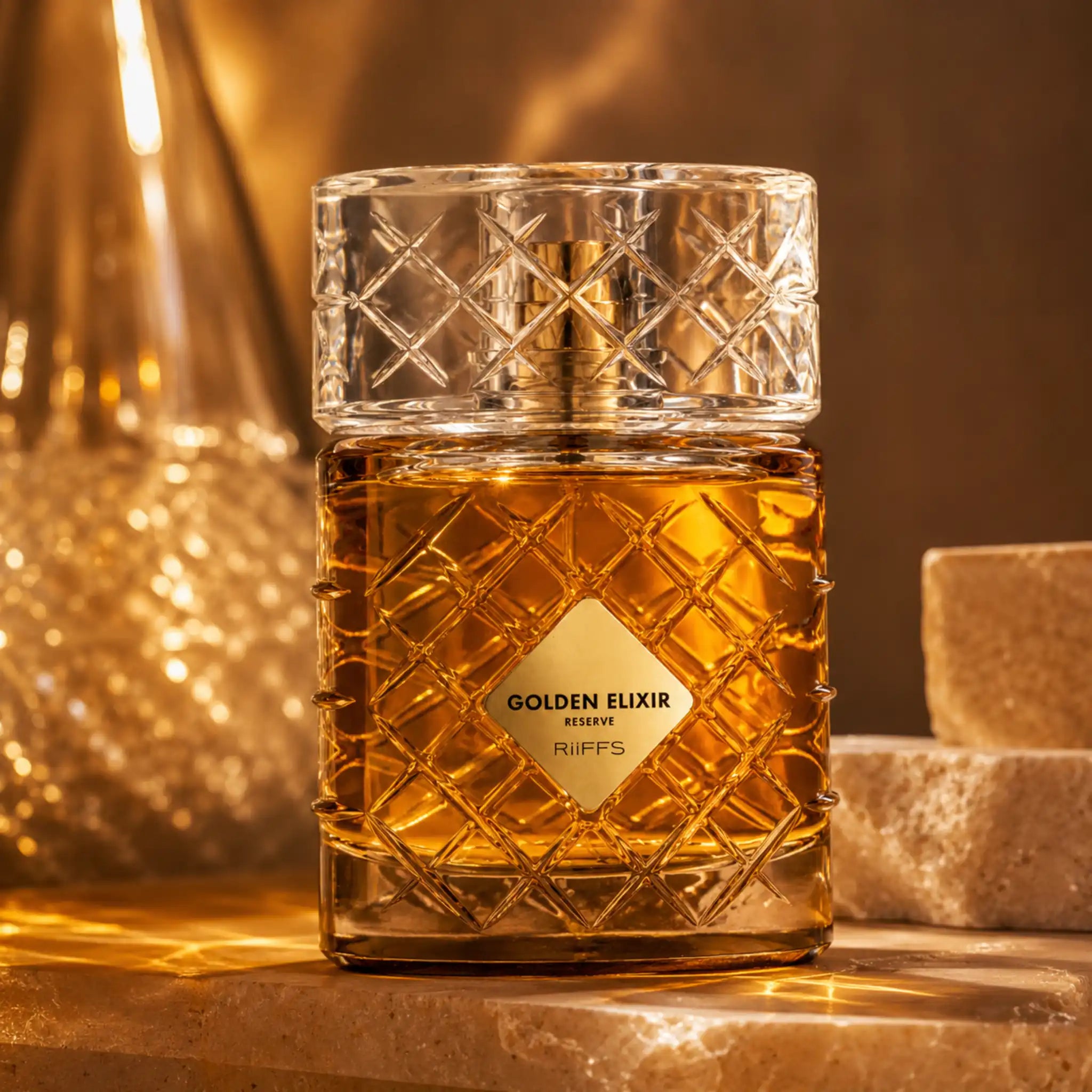 Fondo creativo del perfume Golden Elixir Reserve Riiffs Extrait de Parfum