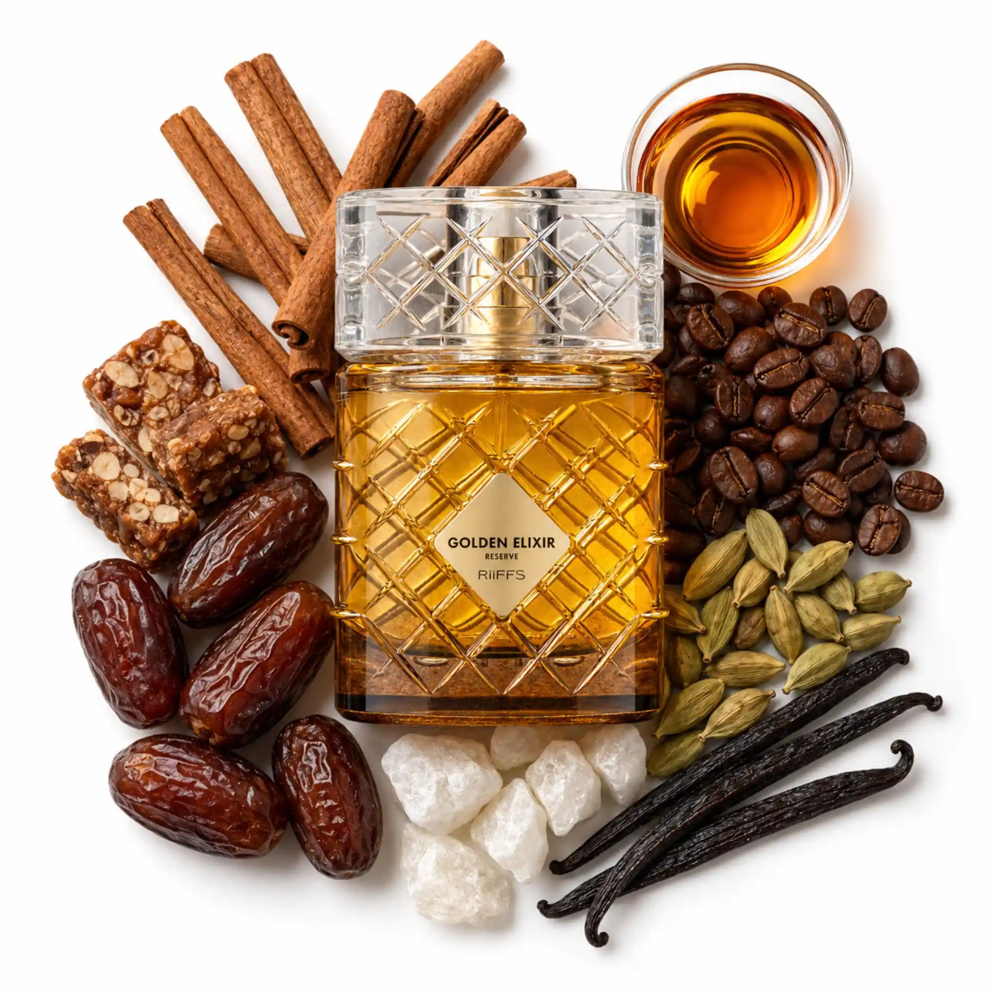 Golden Elixir Reserve Riiffs Extrait de Parfum con fondo de ingredientes
