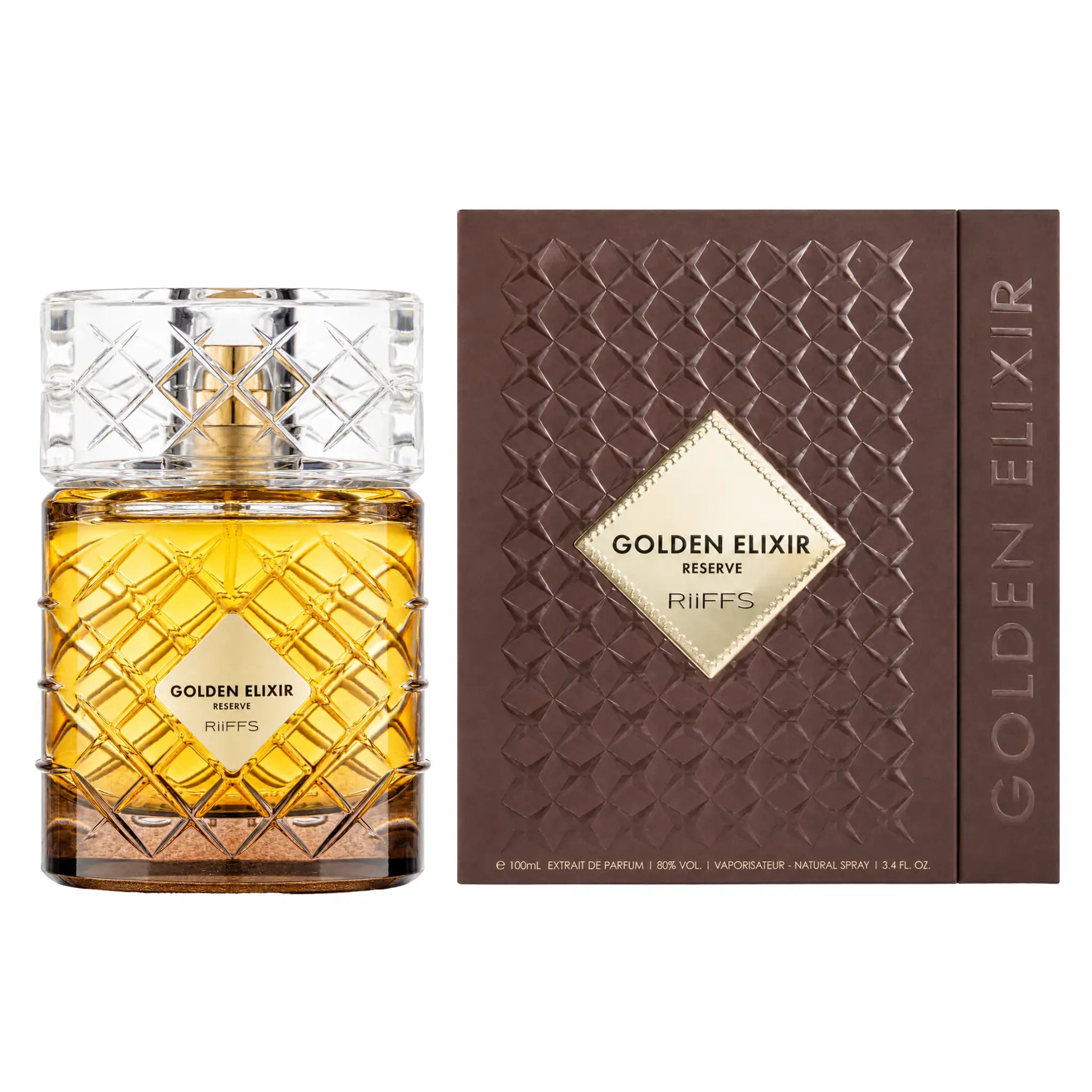 Botella y caja de Golden Elixir Reserve Riiffs Extrait de Parfum