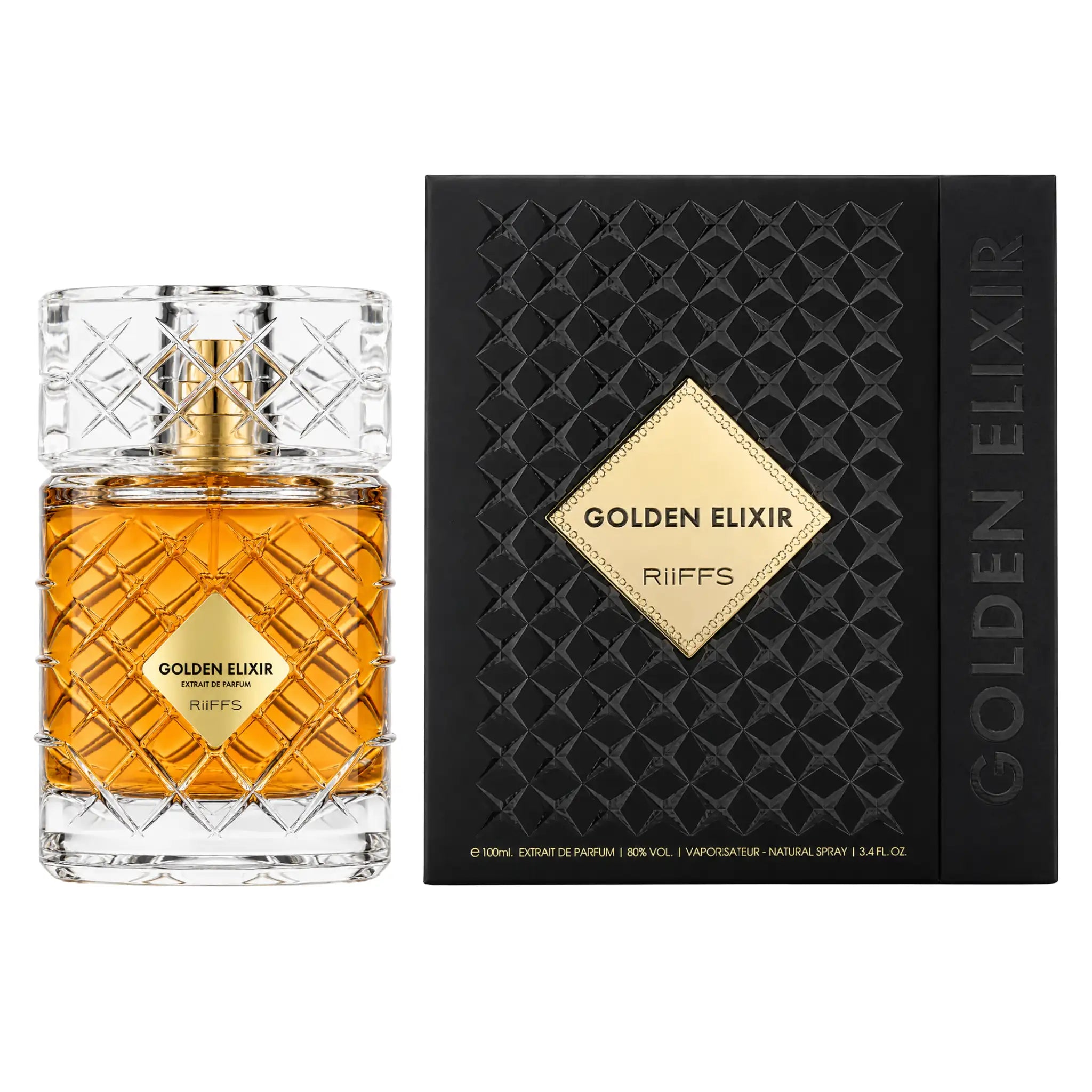 Caja y botella de Golden Elixir Riiffs Extrait de Parfum
