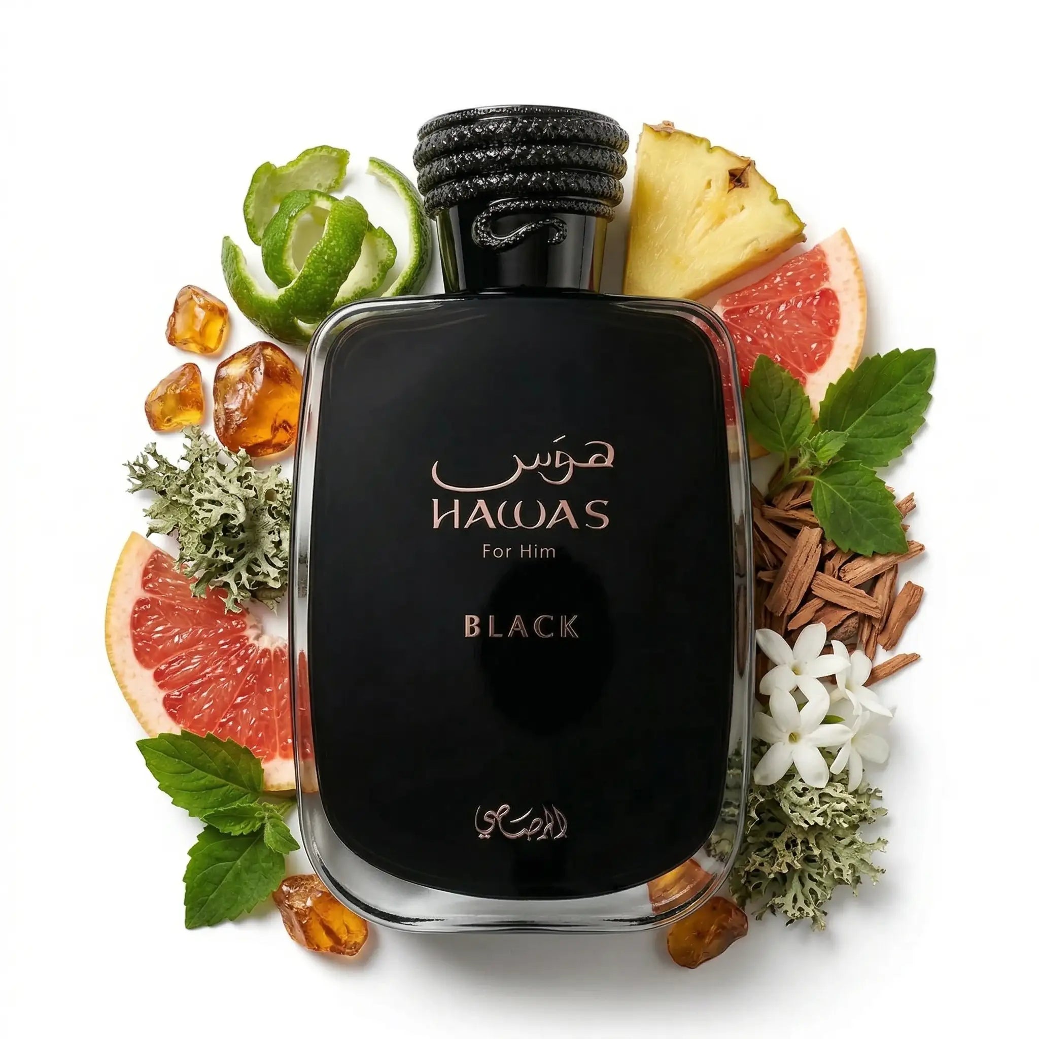 Hawas Black Rasasi Eau de Parfum Para Hombre con fondo de ingredientes