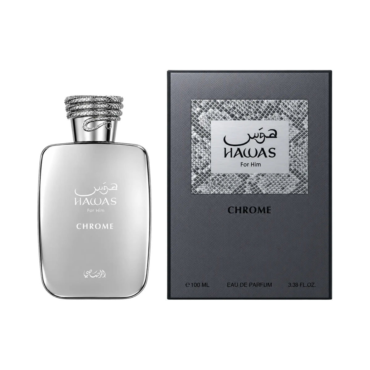 Caja y botella de Hawas Chrome Rasasi Eau de Parfum