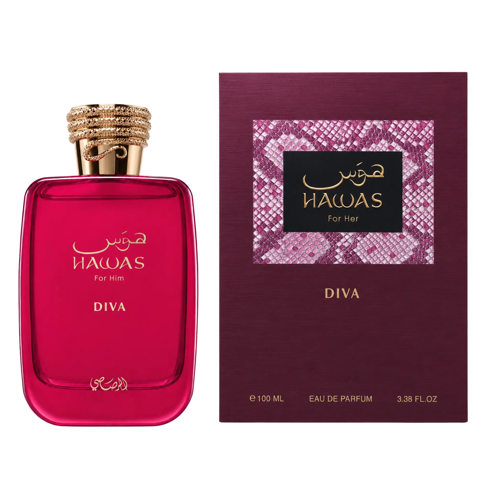 Botella y caja de Hawas Diva Rasasi Eau de Parfum