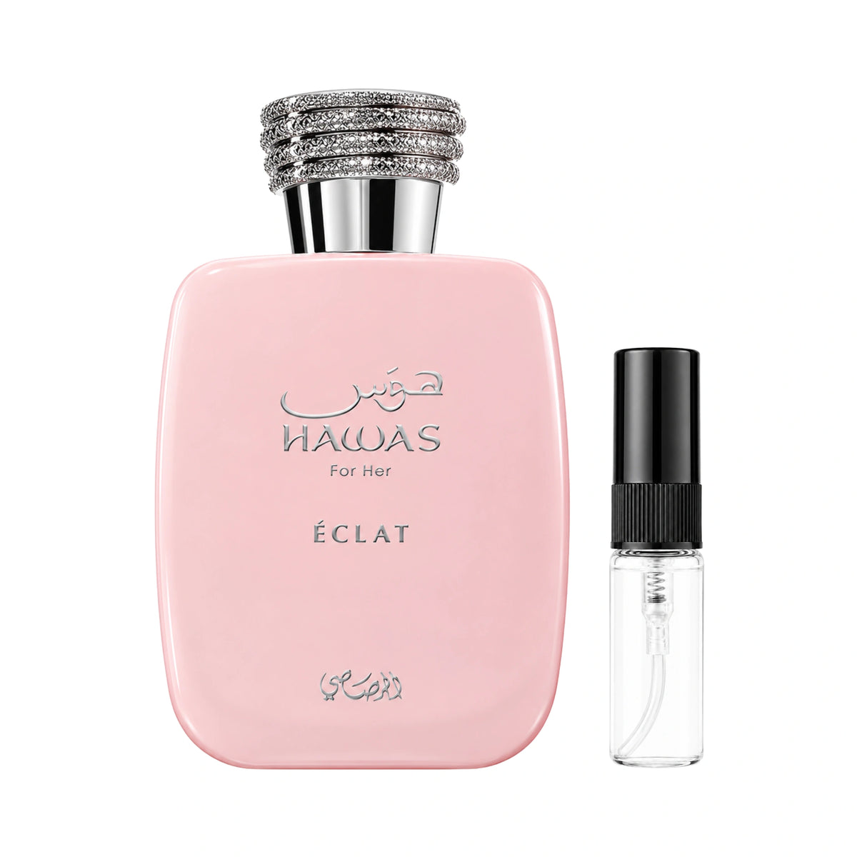 Botella de Hawas Éclat Rasasi Eau de Parfum junto a un decant de muestra