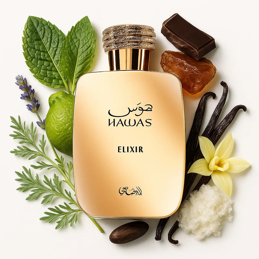 Hawas Elixir Rasasi Eau de Parfum Para Hombre con fondo de ingredientes