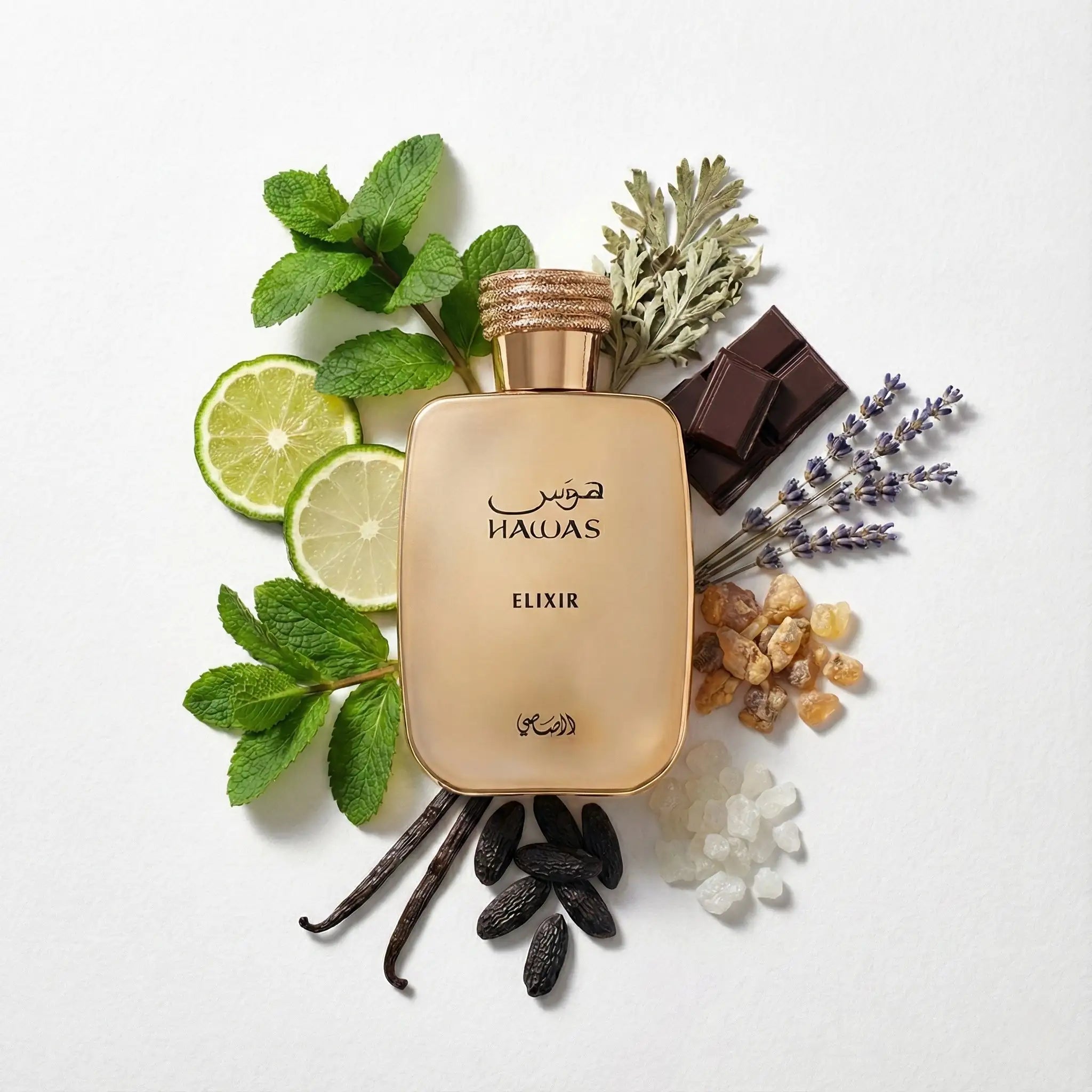 Hawas Elixir Rasasi Eau de Parfum Para Hombre con fondo de ingredientes