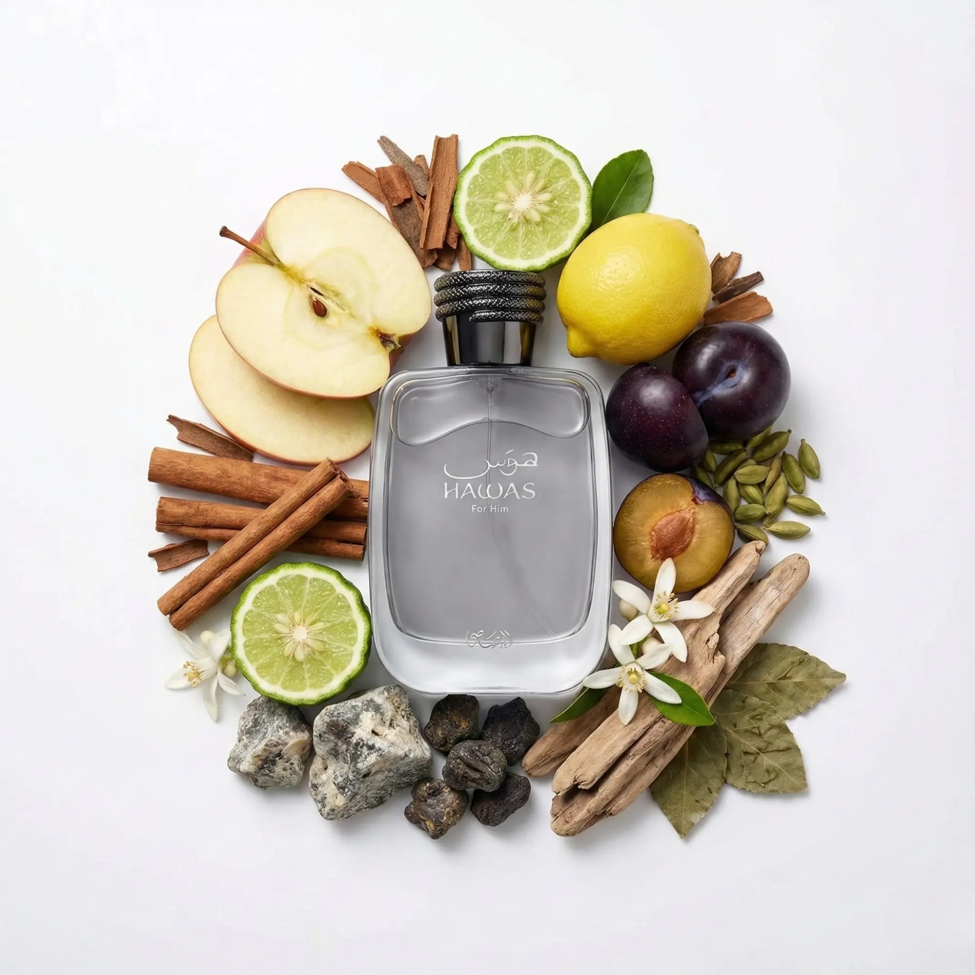 Hawas_For_Him_Rasasi_Eau_de_Parfum_Para_Hombre_Fondo_Blanco_Manzana_Canela_Bergamota_Limón