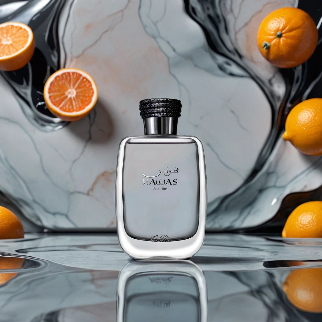 Hawas For Him Rasasi Eau de Parfum Para Hombre con fondo de naranjas