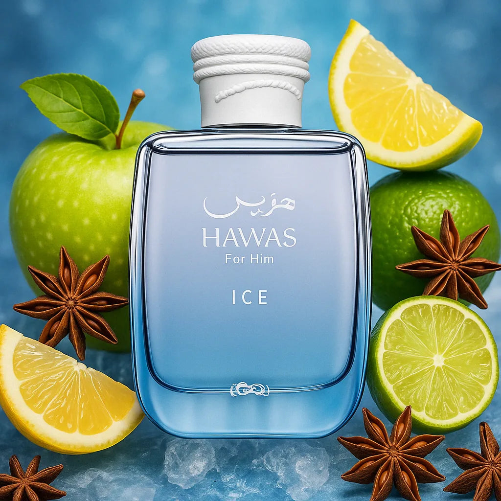 Hawas Ice Rasasi Eau de Parfum Para Hombre con fondo de frutas