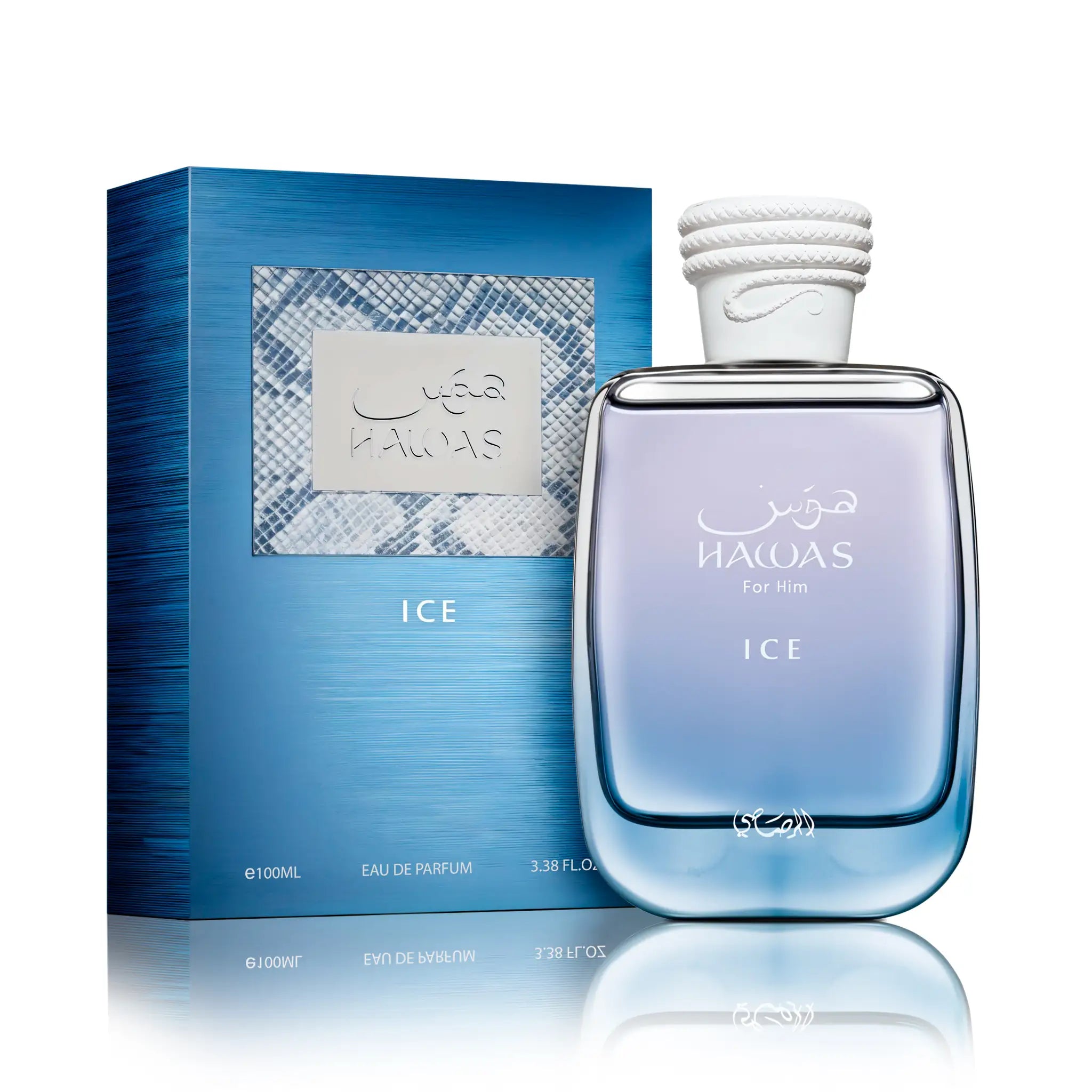 Frasco y caja de Hawas Ice Rasasi Eau de Parfum Para Hombre
