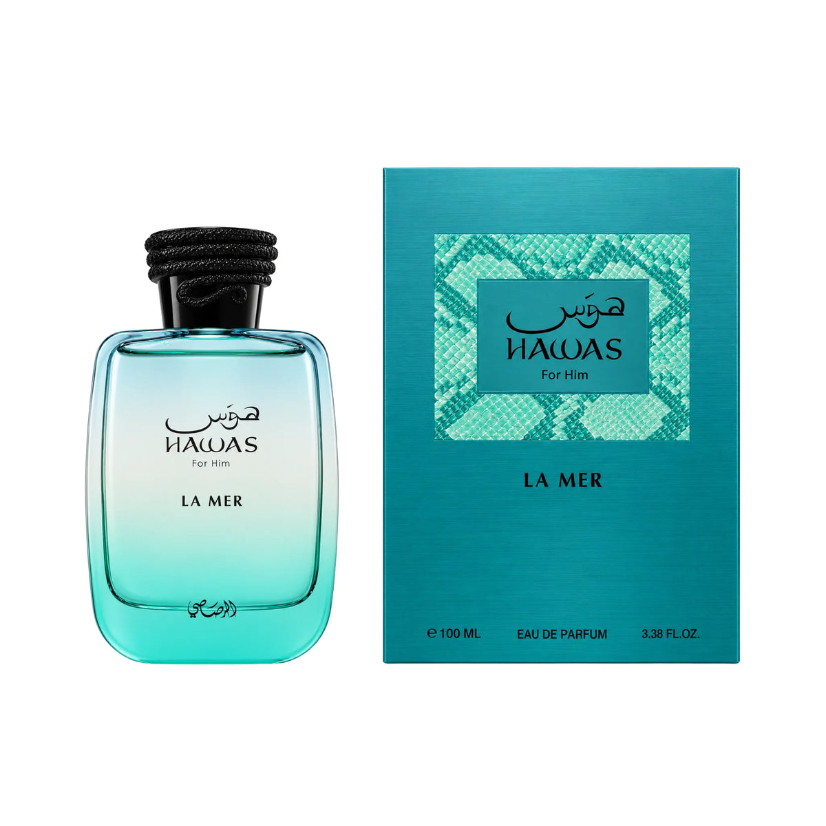 Botella y caja de Hawas La Mer Rasasi Eau de Parfum
