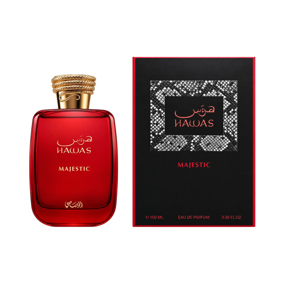 Botella y caja de Hawas Majestic Rasasi Eau de Parfum