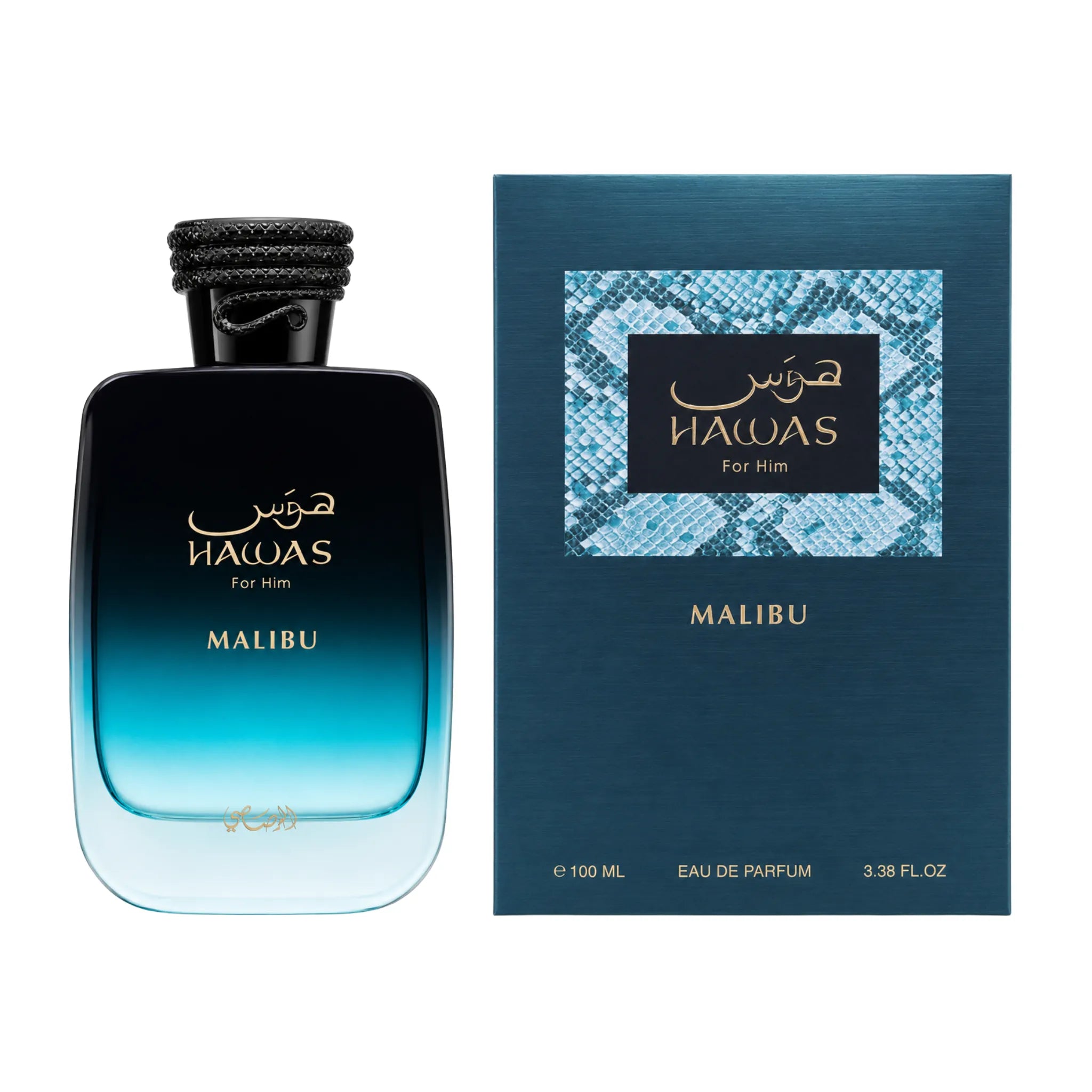Caja y botella de Hawas Malibu Rasasi Eau de Parfum