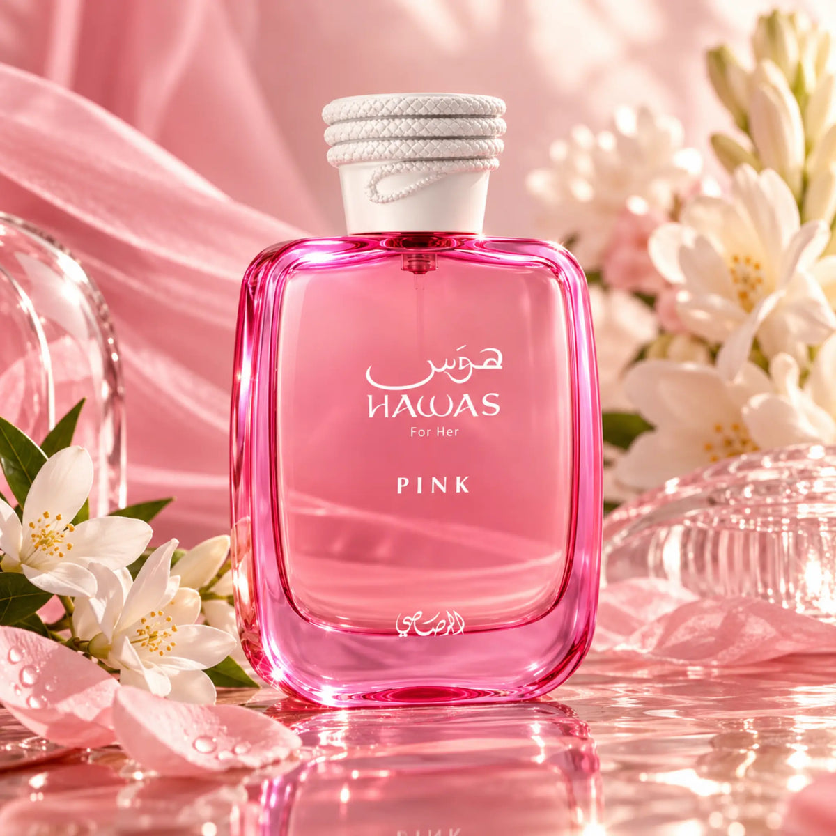 Hawas Pink Rasasi Eau de Parfum con fondo creativo