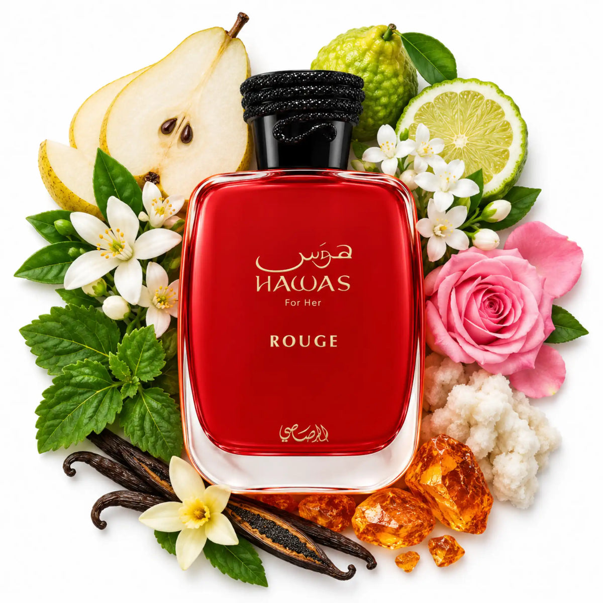 Hawas Rouge con pera, bergamota, flores blancas, rosa, pachulí, vainilla y ámbar sobre fondo blanco