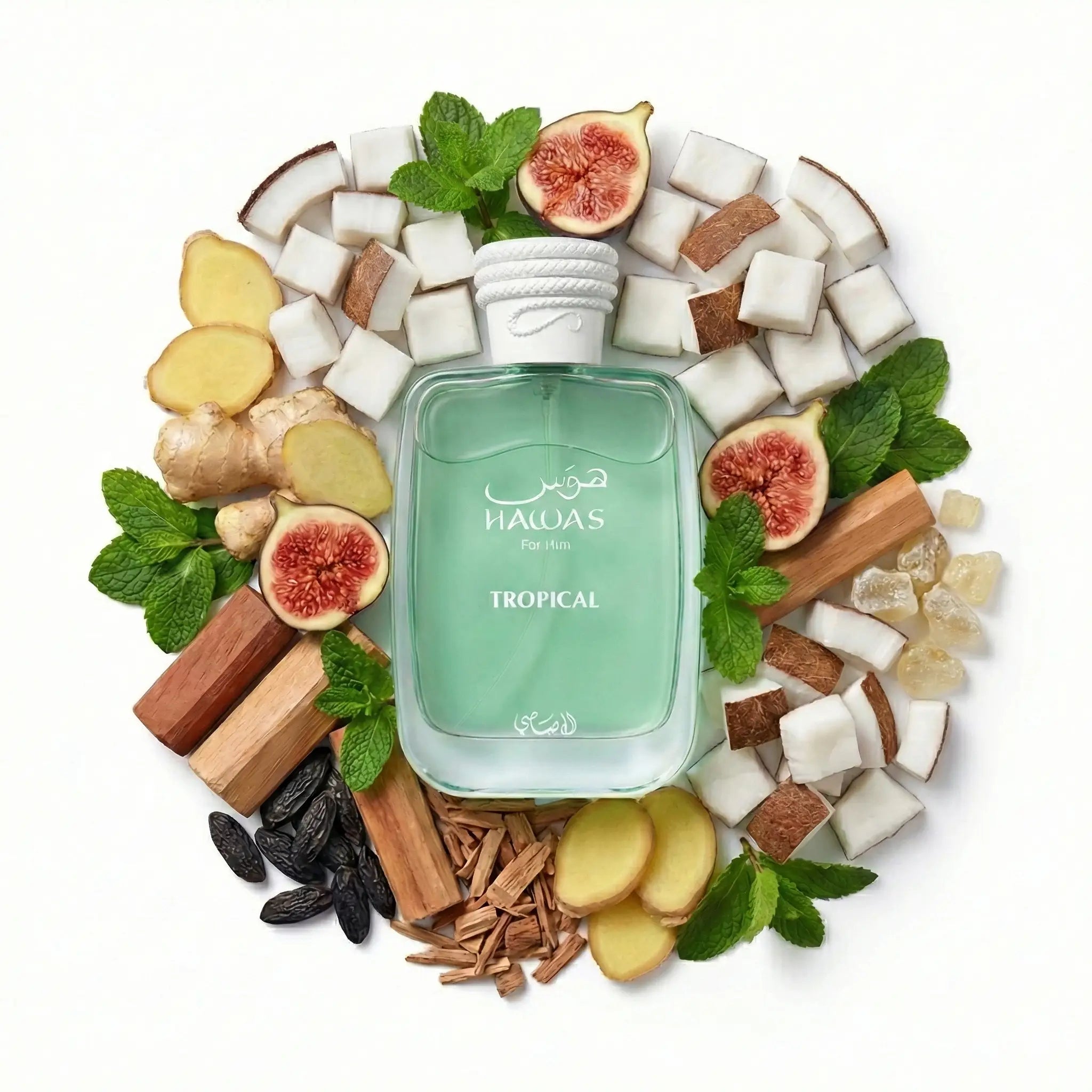 Hawas Tropical Rasasi Eau de Parfum Para Hombre con fondo de ingredientes
