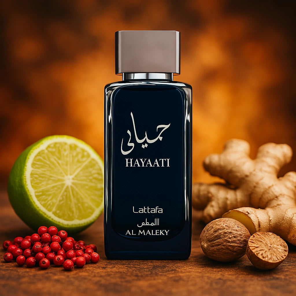 Hayaati Al Maleky Lattafa Eau de Parfum Para Hombre con fondo de jengibre