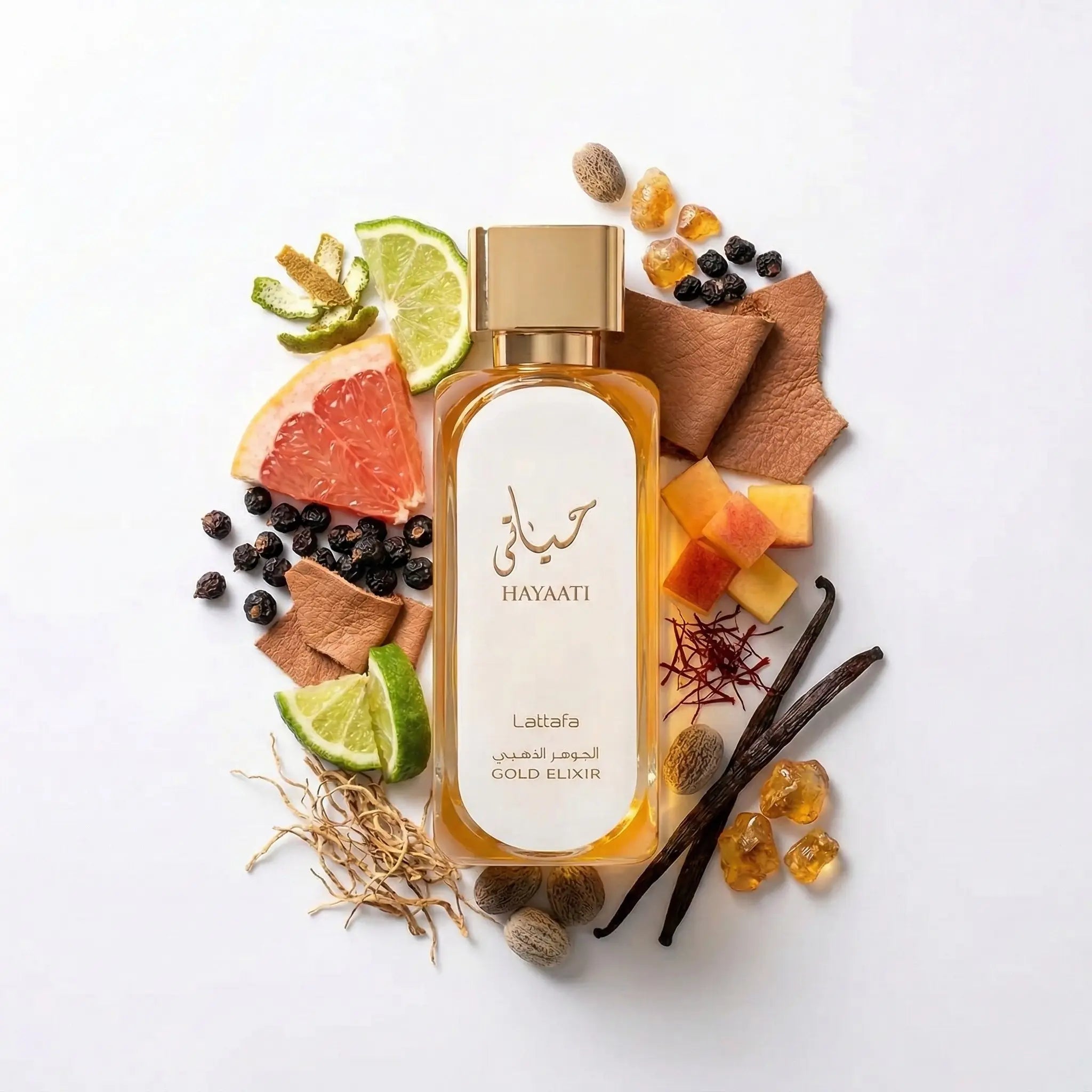 Hayaati_Gold_Elixir_Lattafa_Eau_de_Parfum_Unisex_Fondo_Blanco_Casis_Toronja