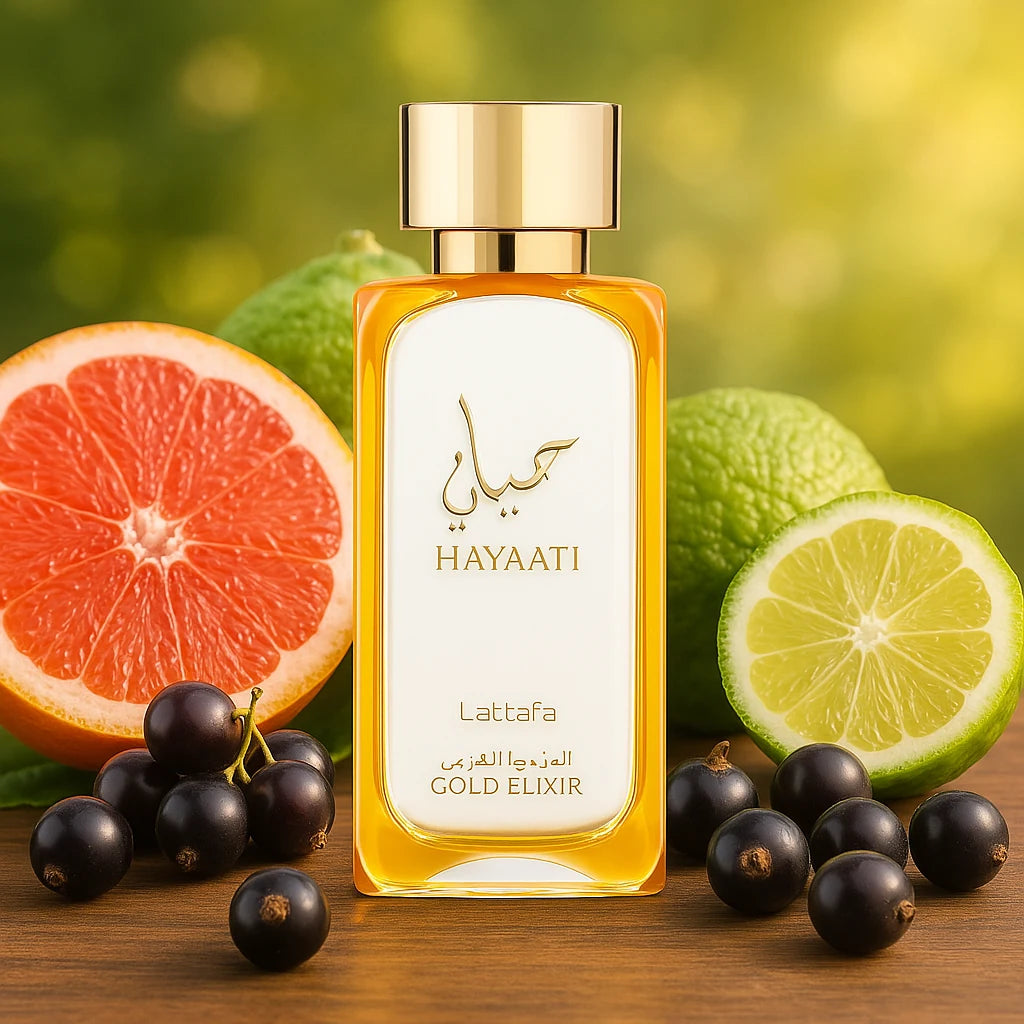 Hayaati Gold Elixir Lattafa Eau de Parfum Unisex con fondo de frutas