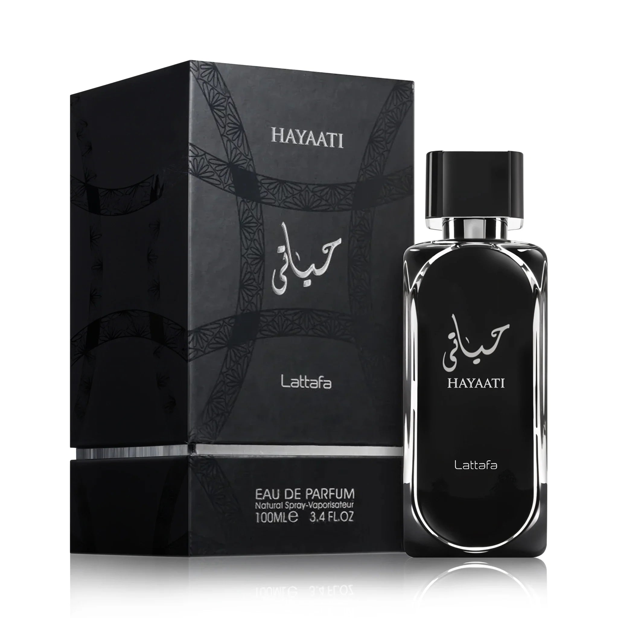 Foto frontal del Hayaati Lattafa Eau de Parfum Para Hombre con fondo blanco y su caja