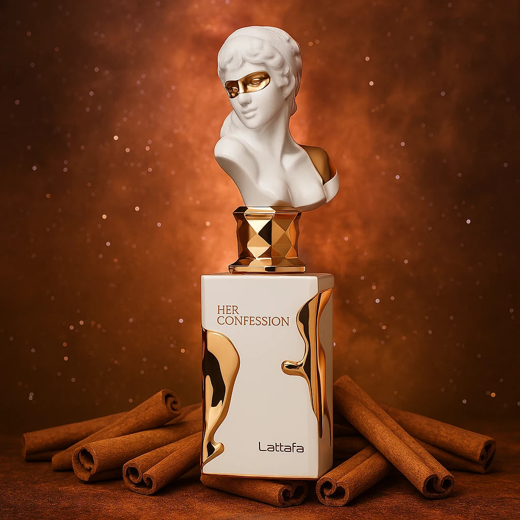 Her Confession Lattafa Eau de Parfum Para Mujer con fondo de canela
