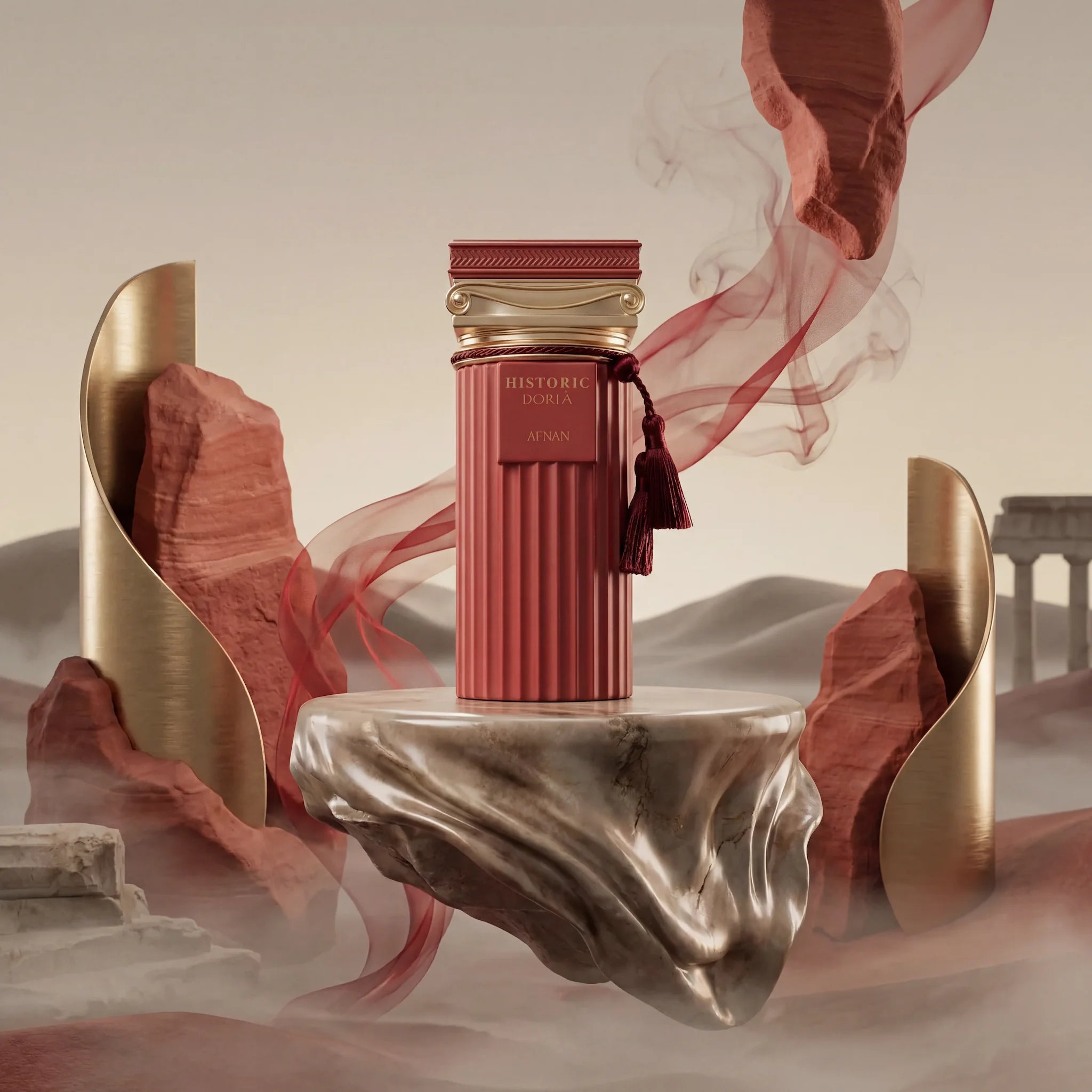 Historic Doria Afnan Eau de Parfum Unisex con fondo creativo de tematica de templo