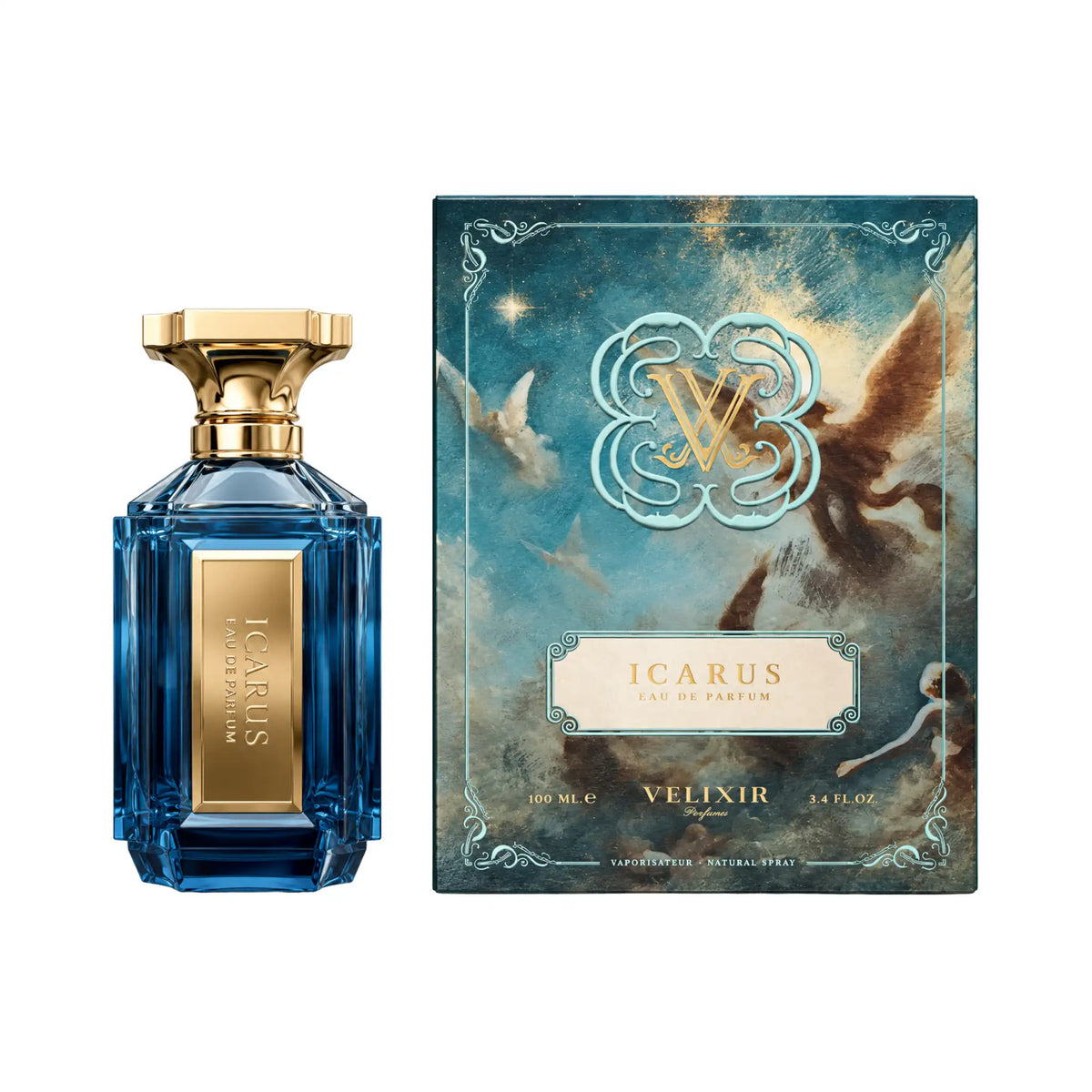 Caja y botella de Icarus Velixir Eau de Parfum