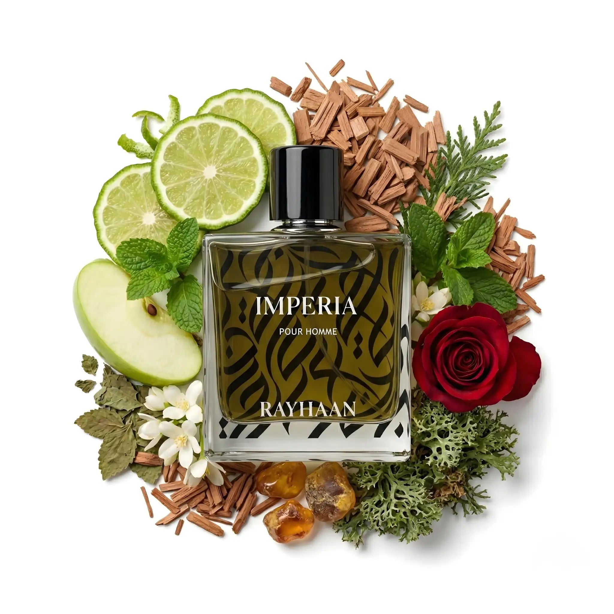 Imperia Rayhaan Eau de Parfum Para Hombre con ingredientes de fondo