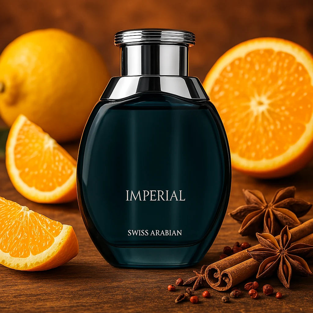 Imperial Swiss Arabian Eau de Parfum Para Hombre con fondo de naranja
