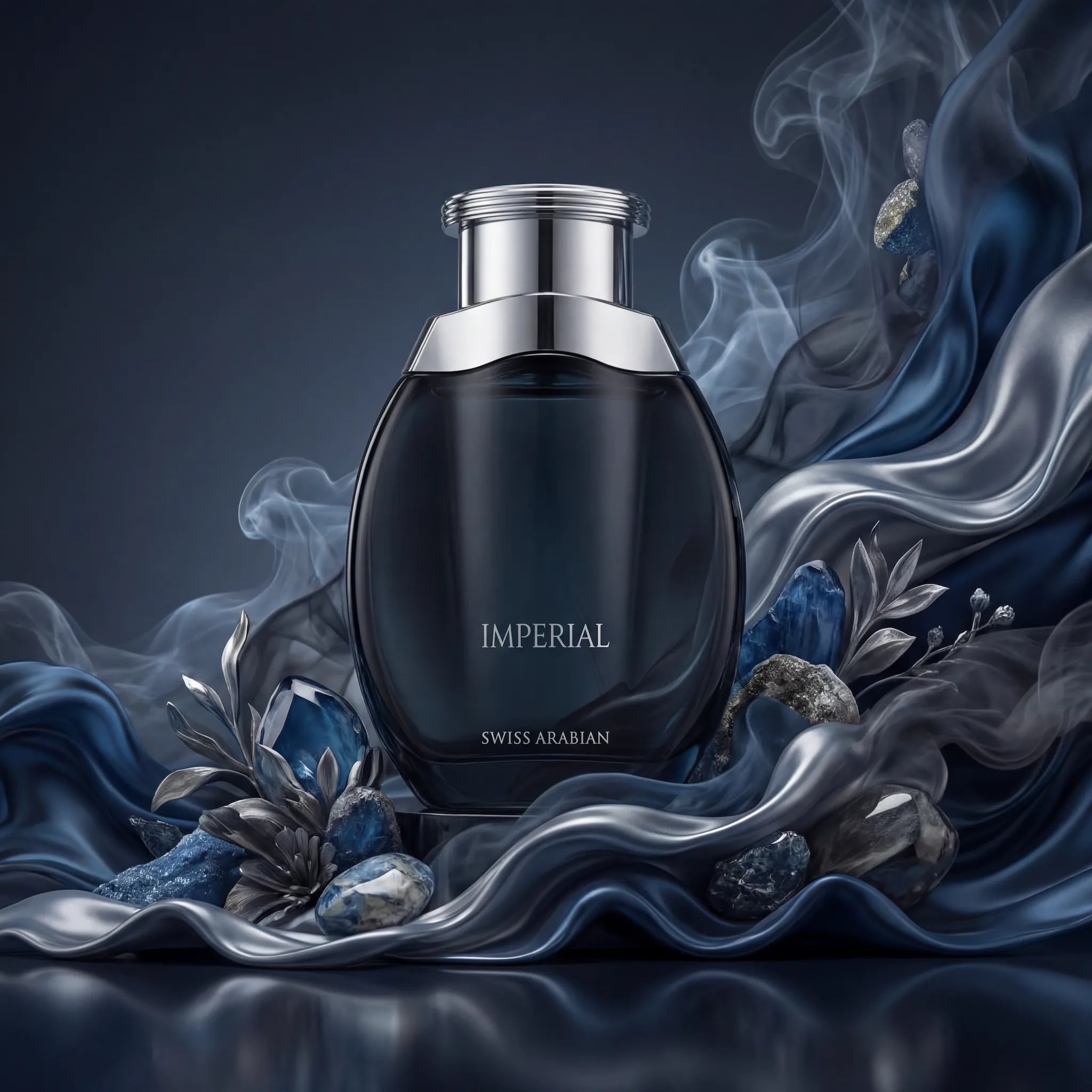 Imperial Swiss Arabian Eau de Parfum Para Hombre con fondo creativo de piedras y minerales azules