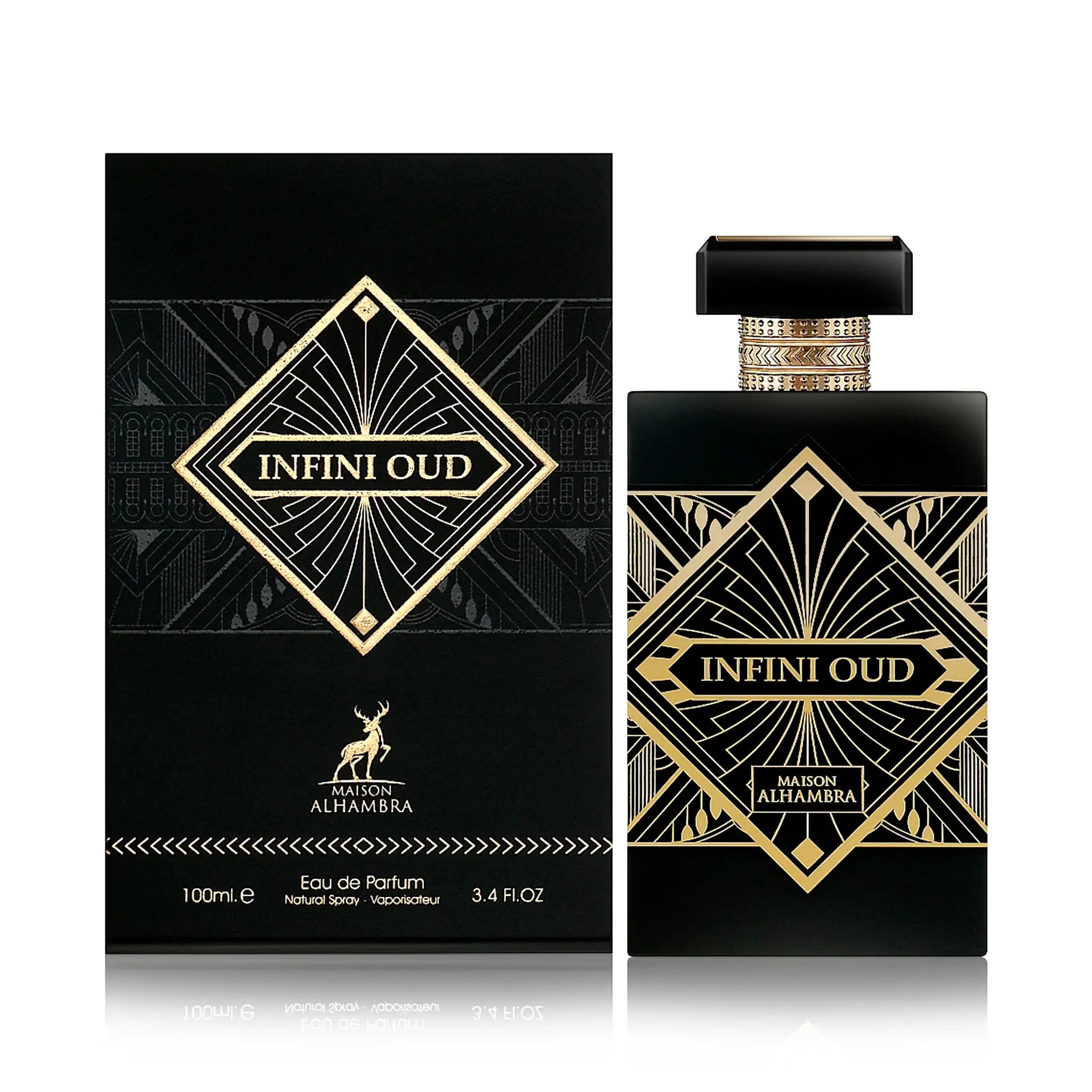 Frontal del Infini Oud Maison Alhambra Eau de Parfum Unisex con su caja
