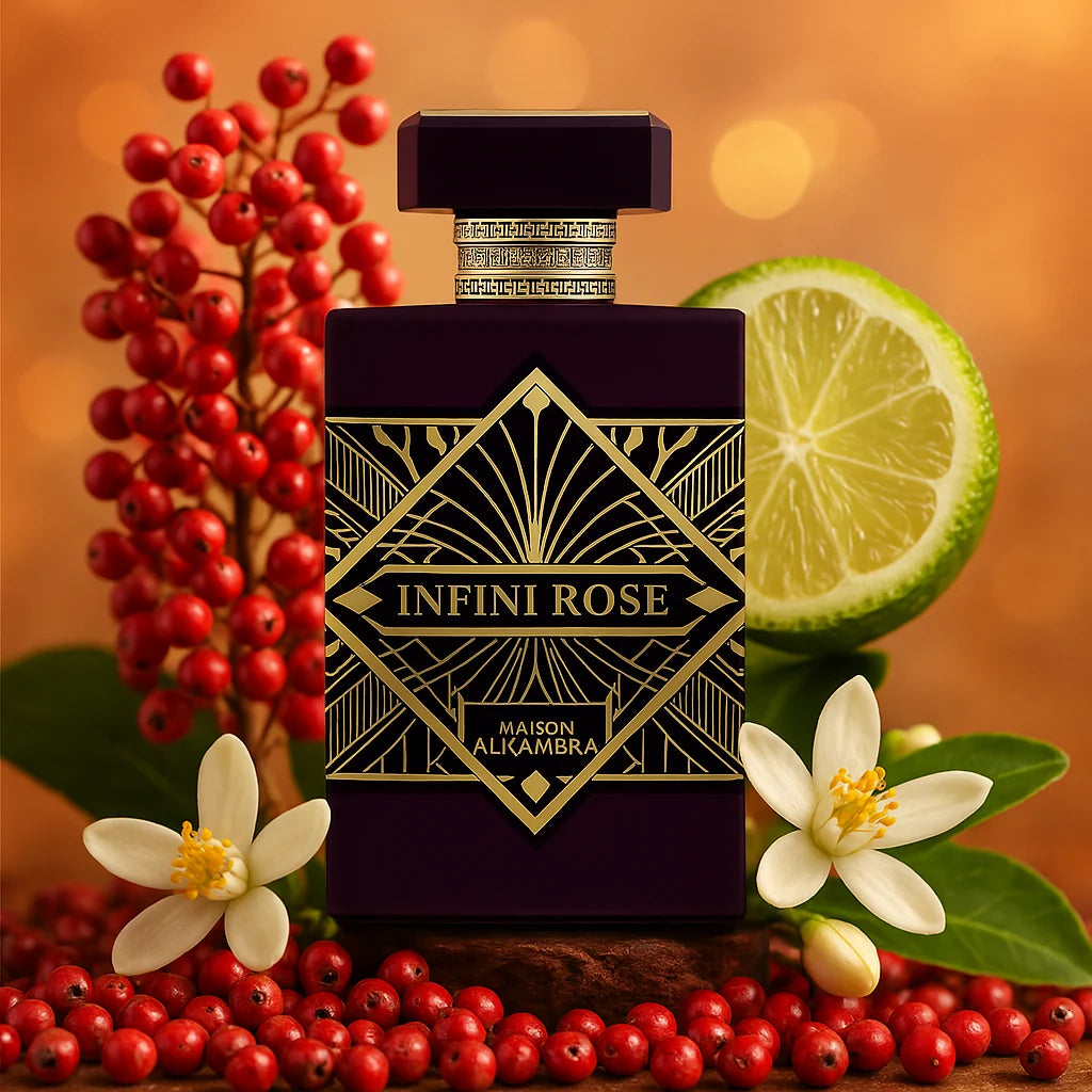 Infini Rose Maison Alhambra Eau de Parfum Para Mujer con fondo de lima y flores
